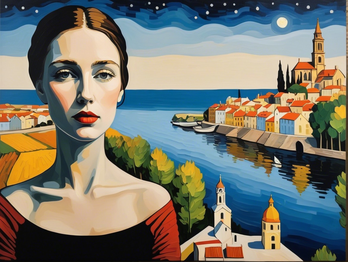 Striking Woman in Vibrant Landscape at Night