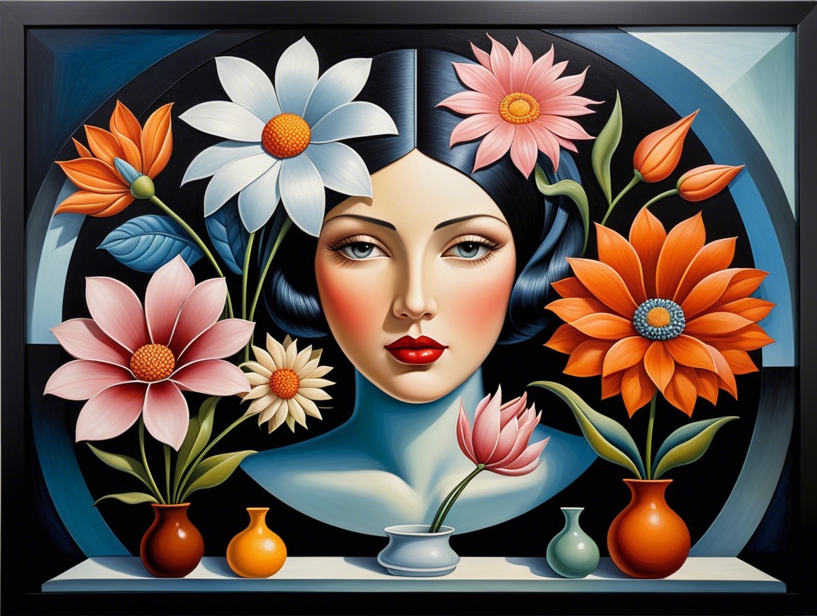 Stylized Female Face Surrounded by Vibrant Flowers