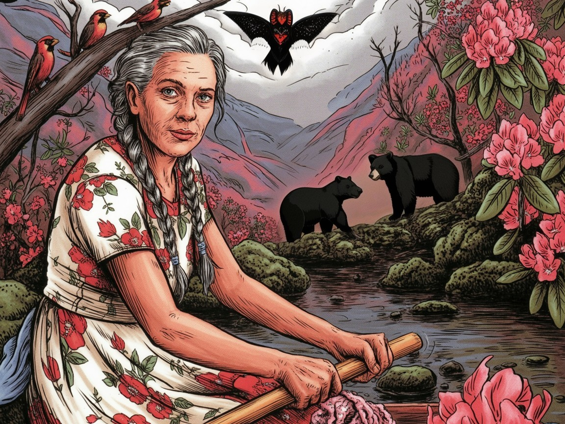 Elderly Woman by River Surrounded by Rhododendrons