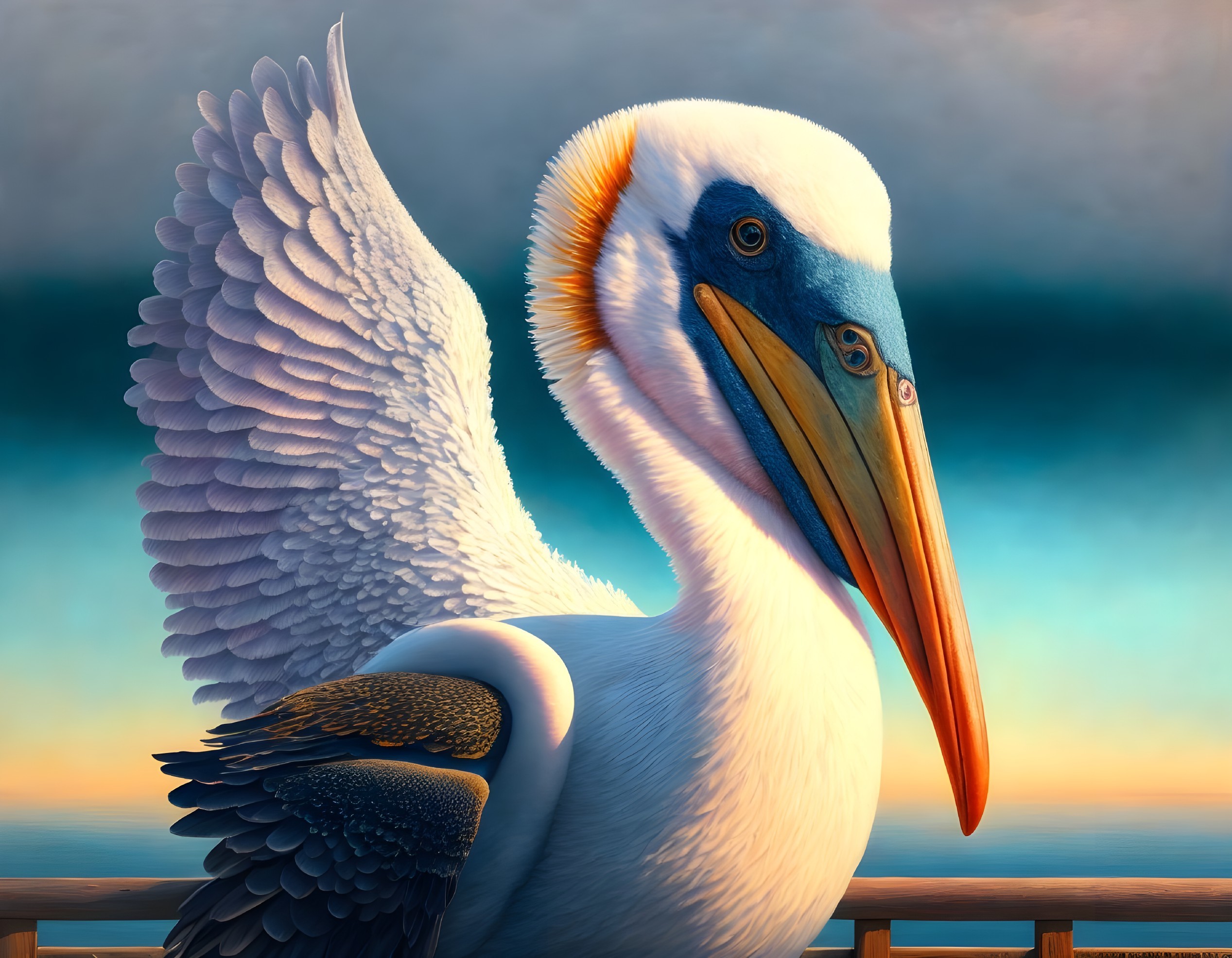 Pelican digital artwork: vibrant wing spread against sunset sky