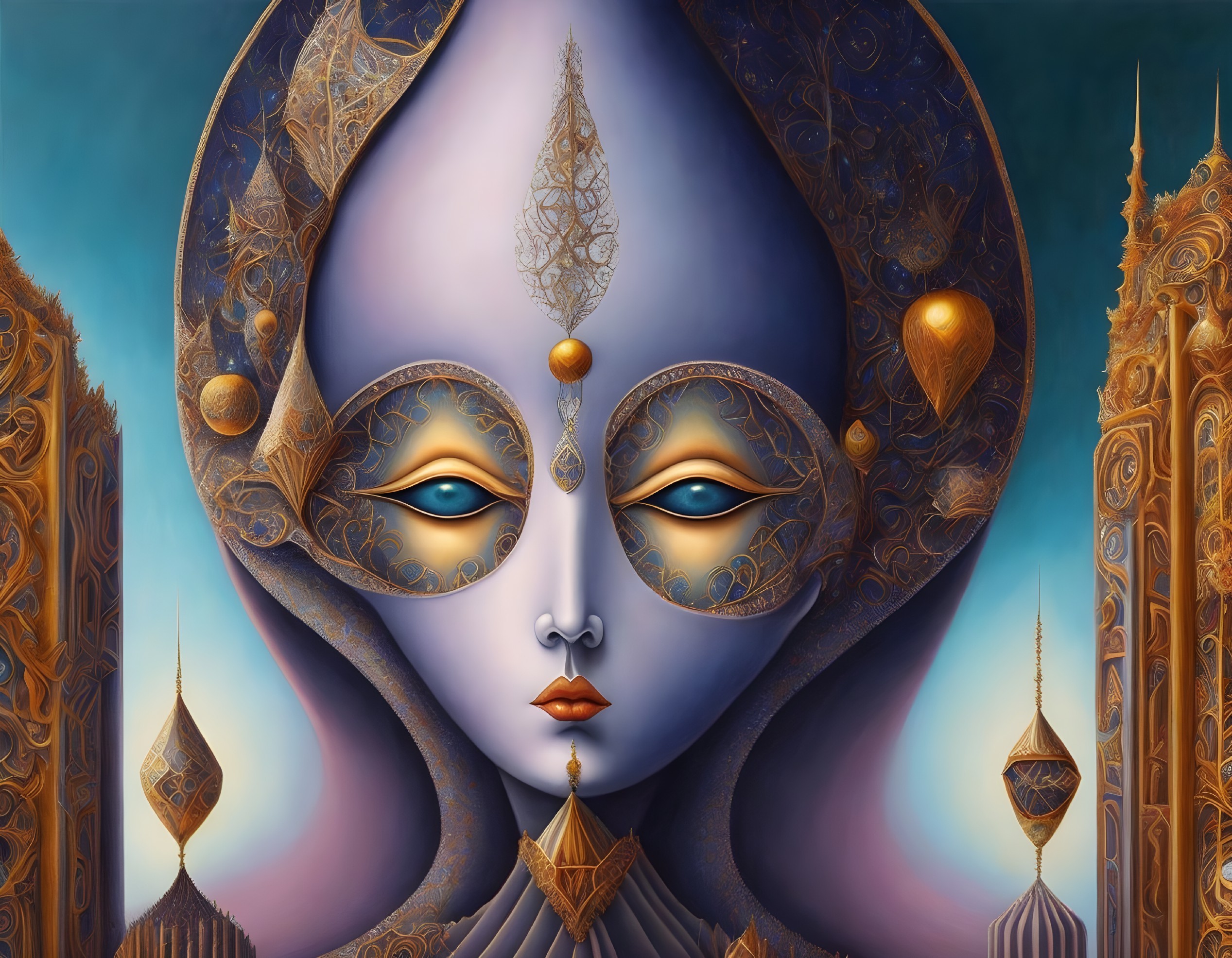 Surreal portrait of female figure with blue eyes and ornate headdress