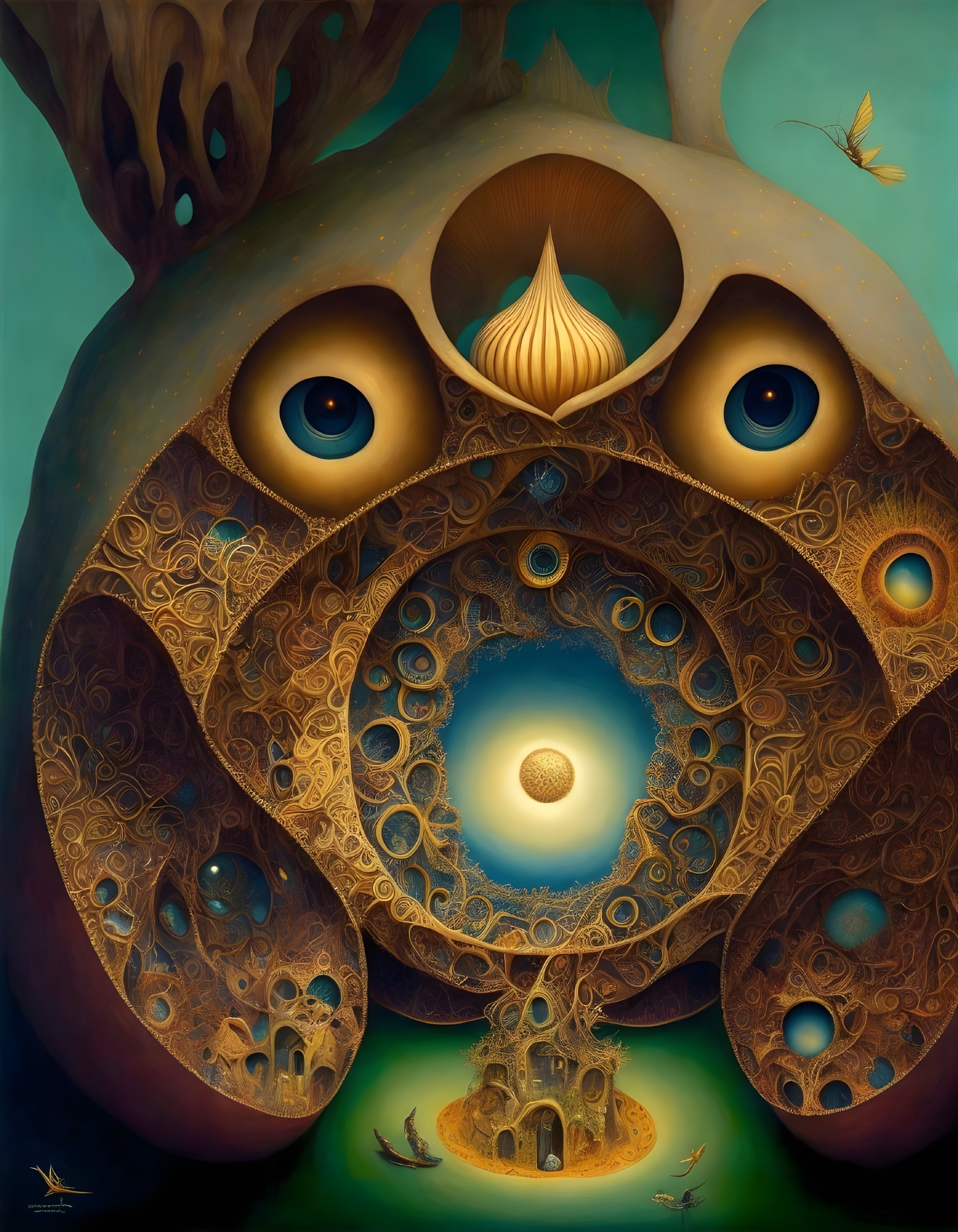Intricate surreal painting: tree-like structure, eyes, ornate patterns, butterfly, teal background