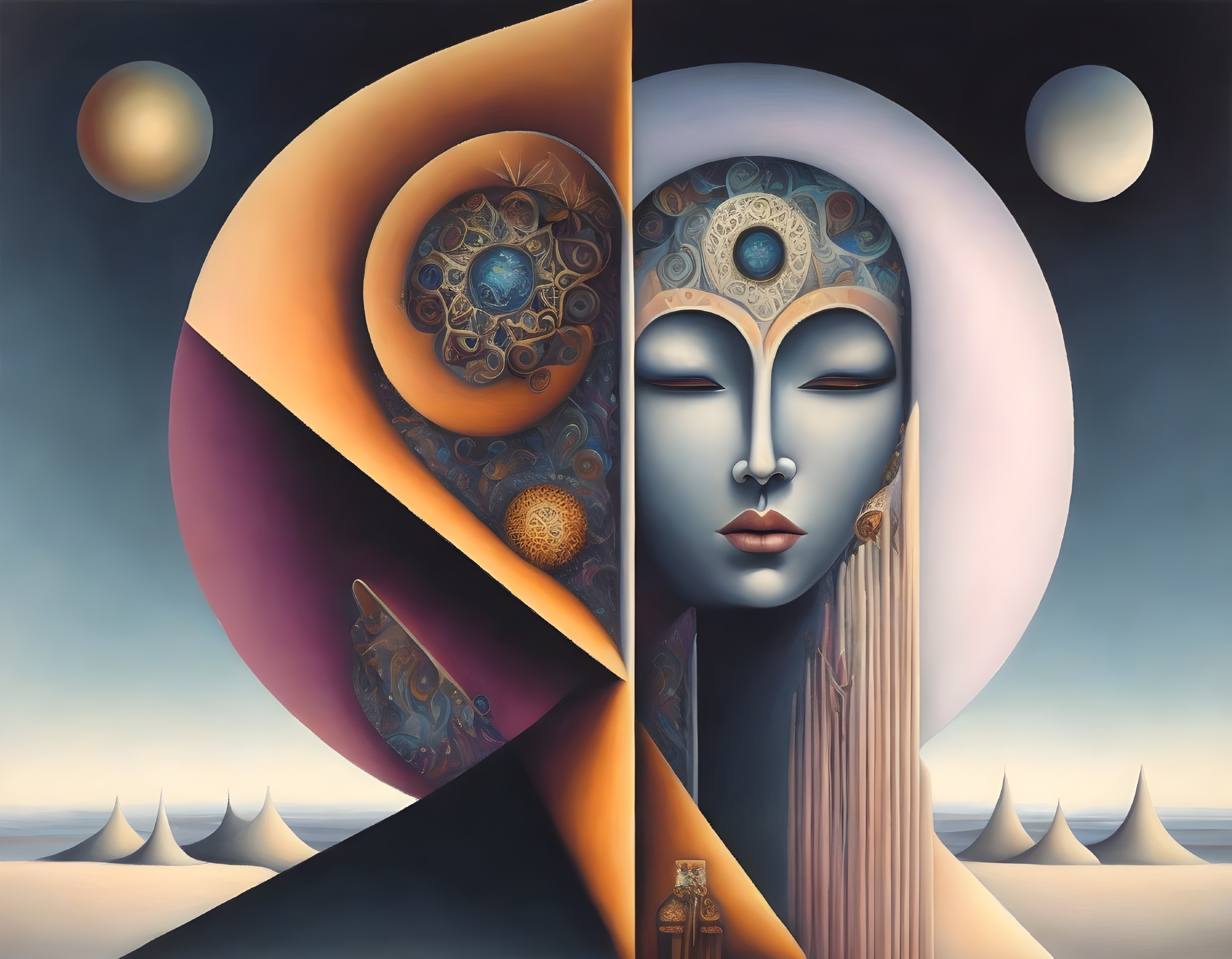 Surreal dual-faced being in desert landscape with pyramids