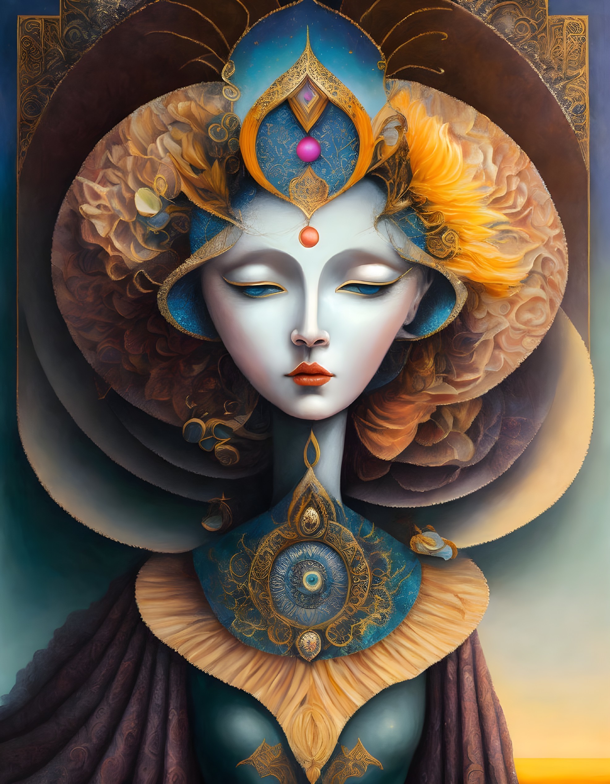 Ethereal female portrait with elaborate golden headdress and celestial symbols