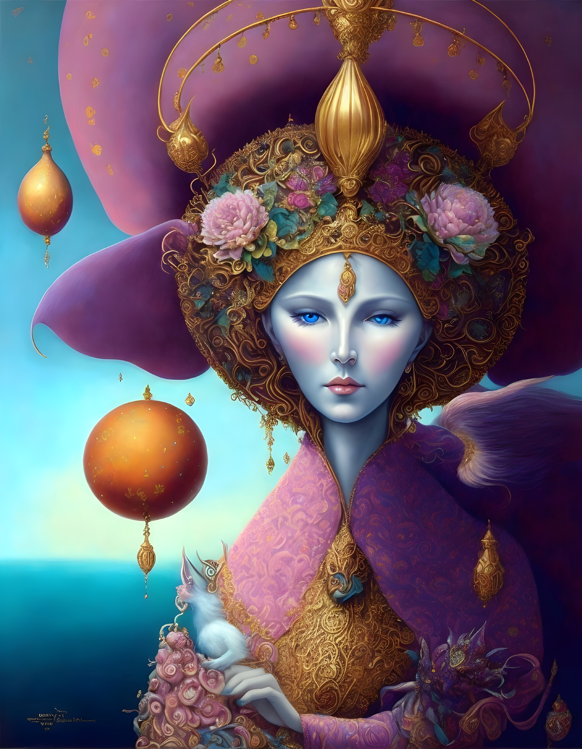 Surreal portrait of female figure with elaborate headwear and white cat on blue backdrop