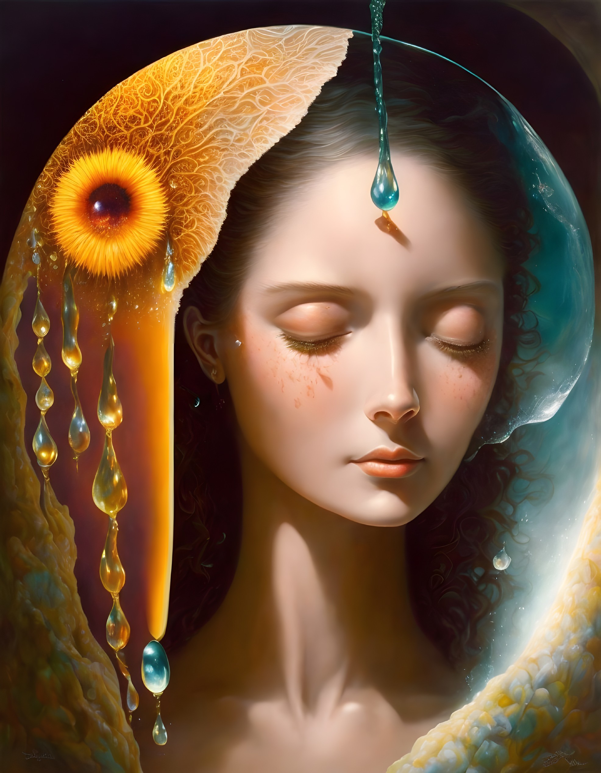 Surreal portrait: woman with melting sun structure and amber drops
