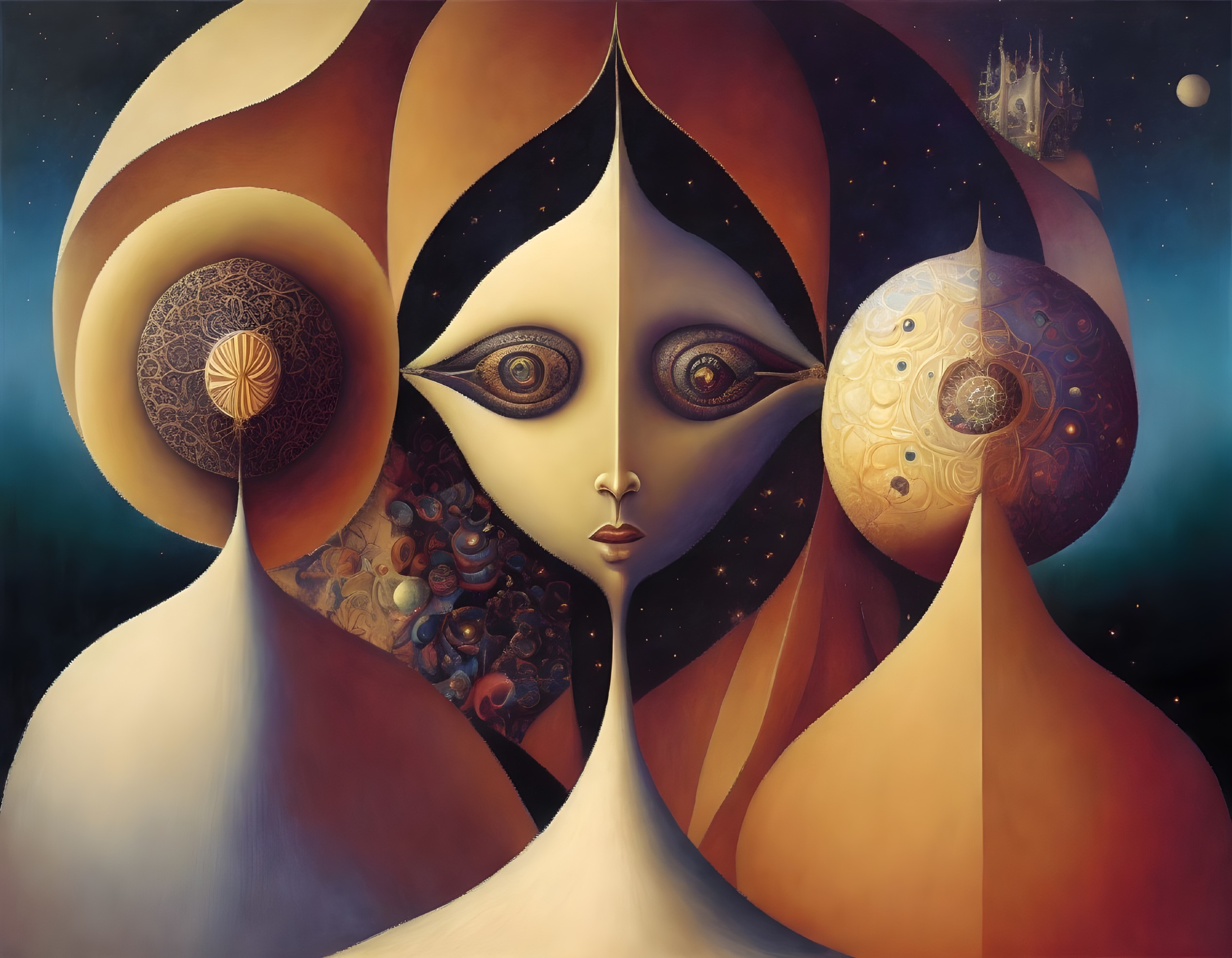 Surreal painting featuring cosmic and architectural elements with stylized faces symbolizing duality.