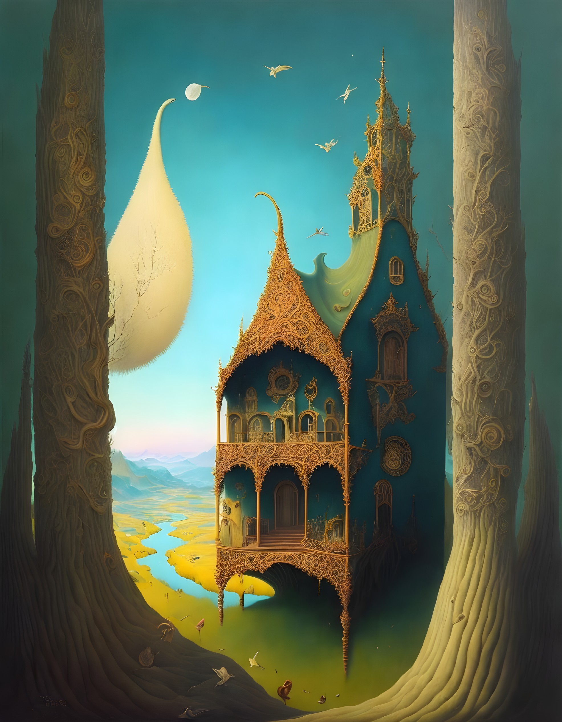 Ornate fantasy-style house with gothic elements in surreal moonlit landscape
