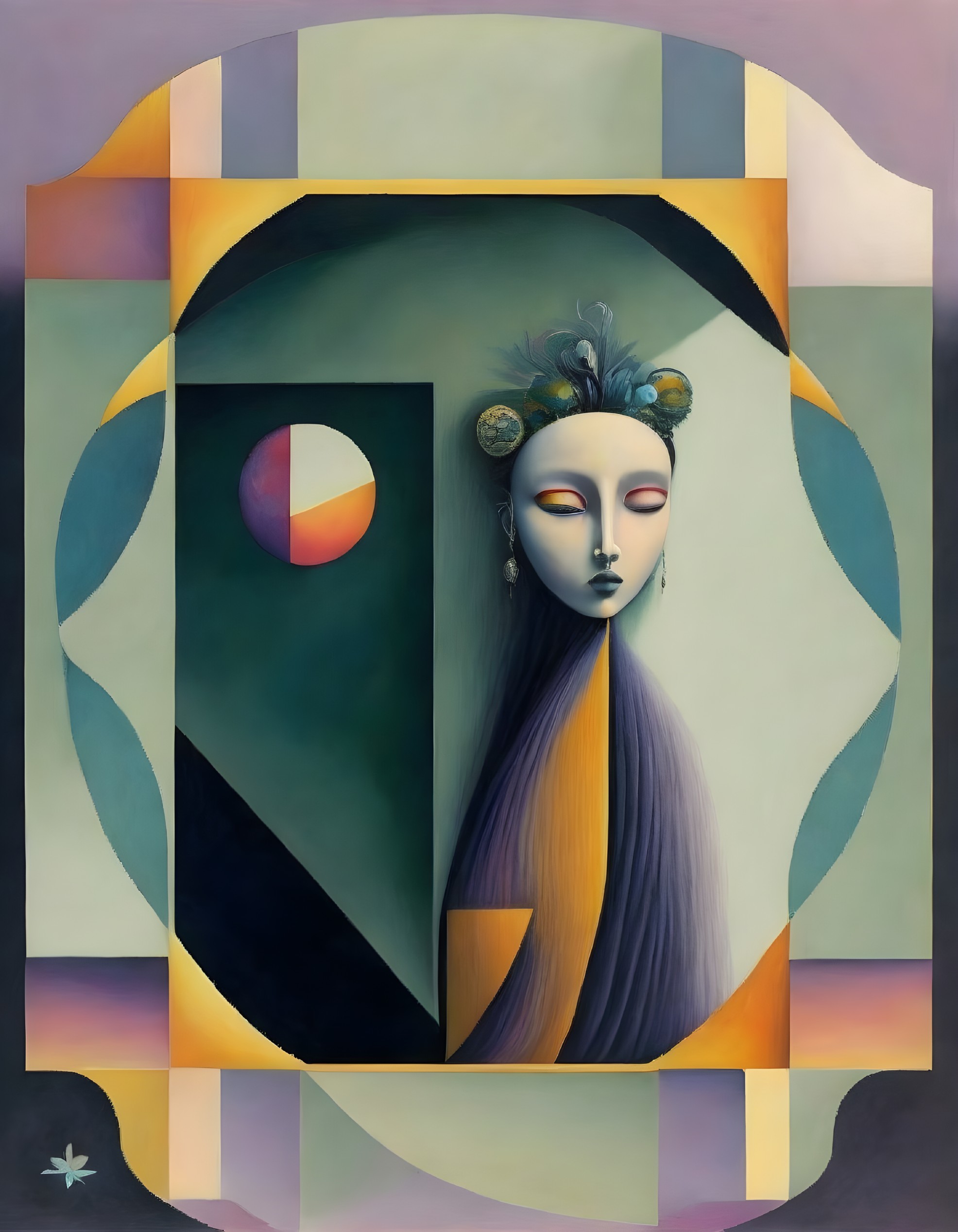 Surrealist portrait with serene figure and abstract shapes