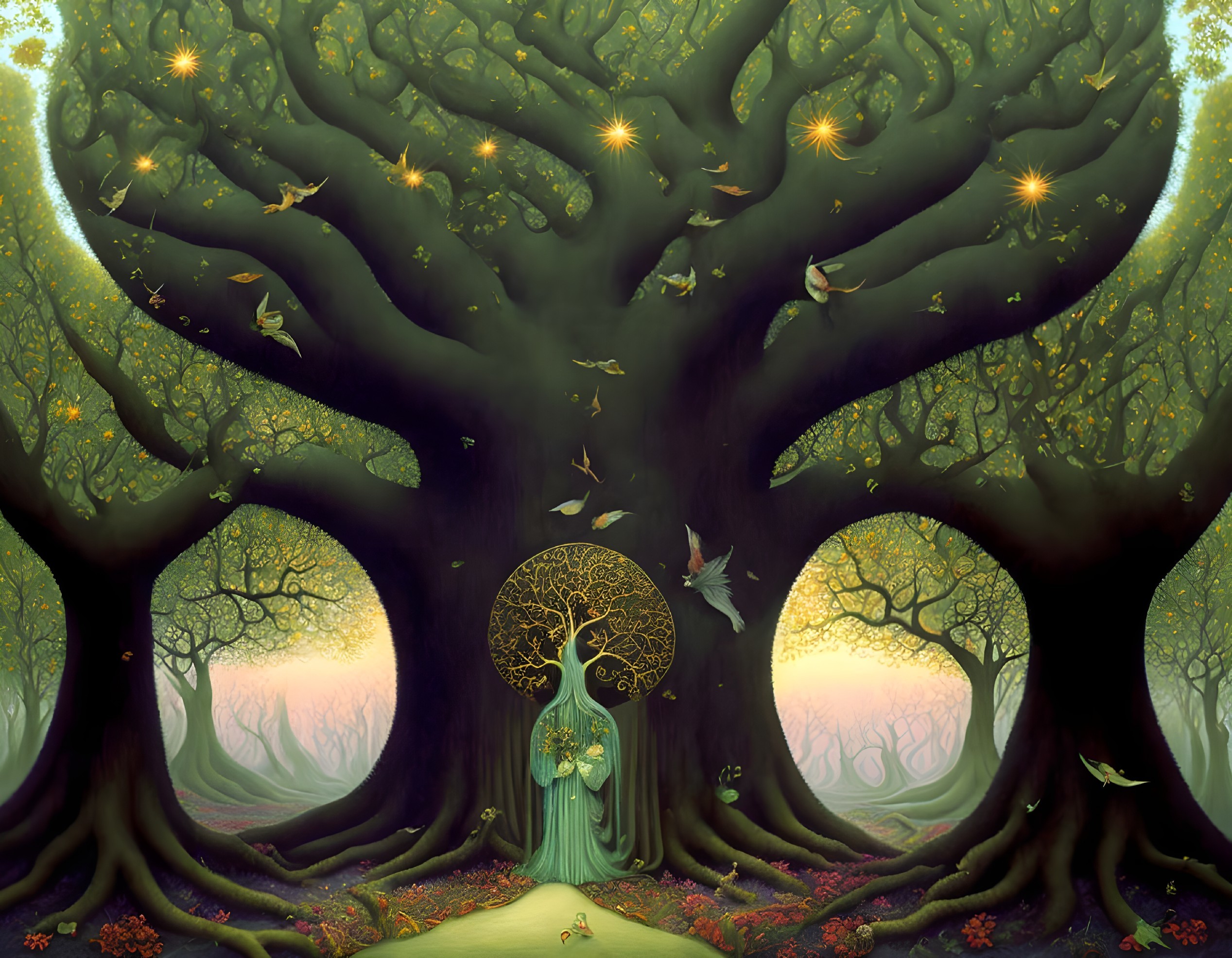 Mystical forest scene with grand tree, birds, and magical glow
