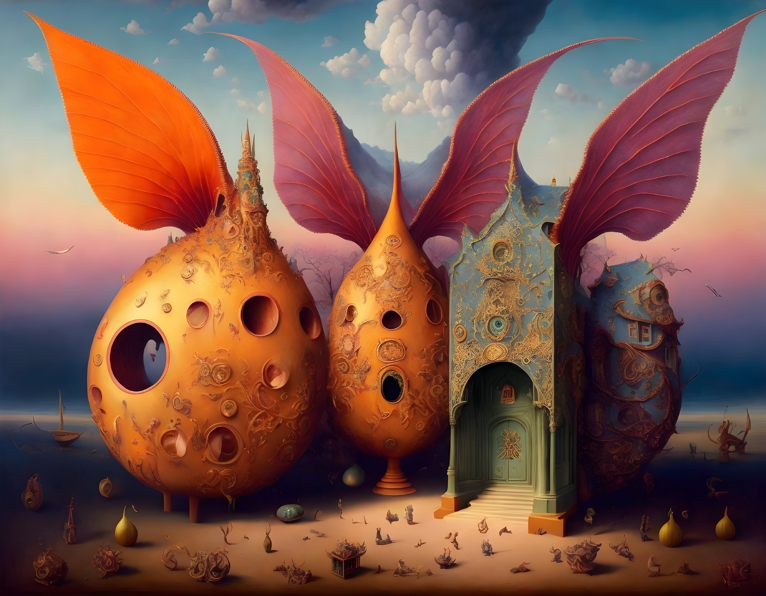 Whimsical fruit-shaped structures in surreal landscape
