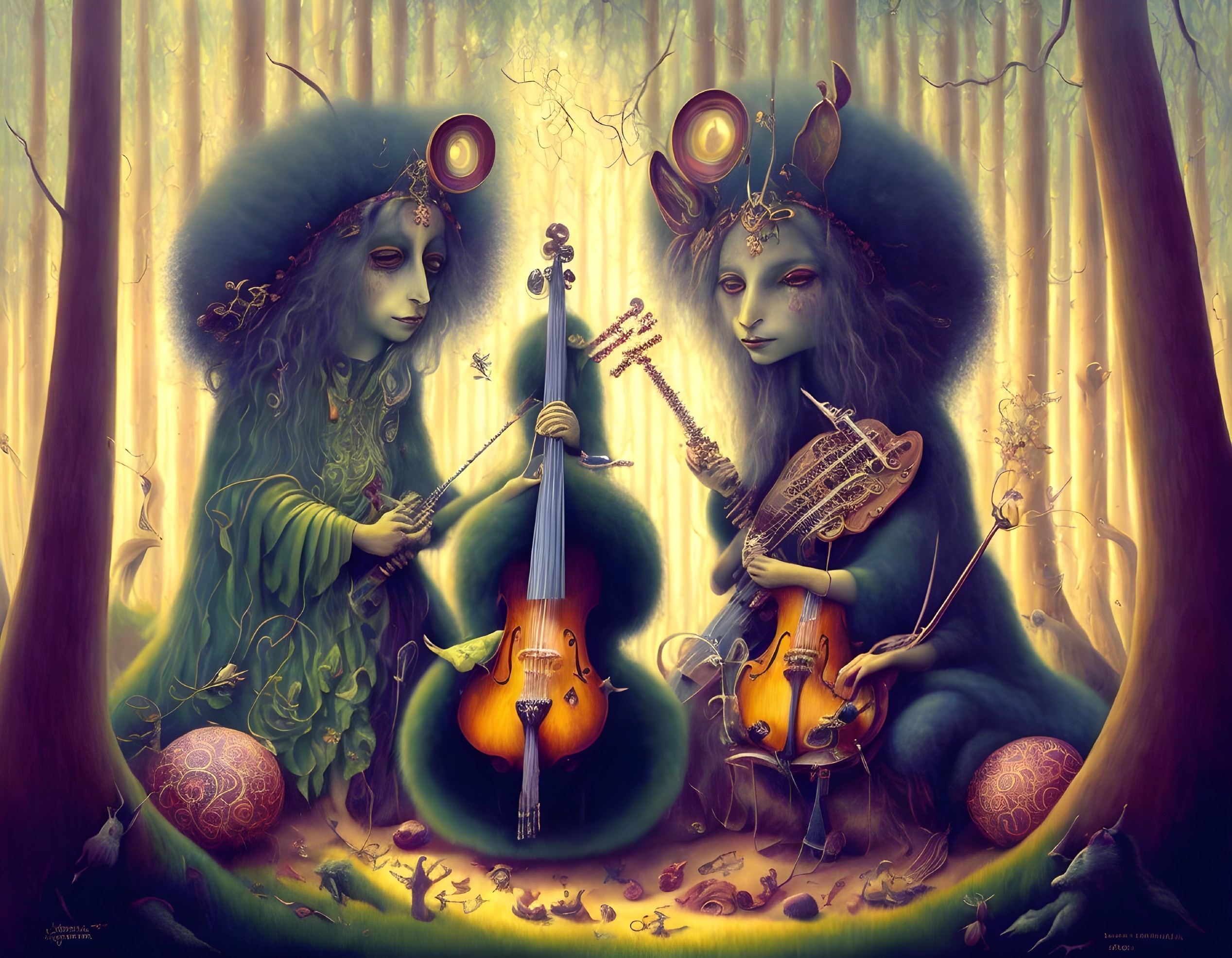 Fantastical creatures with antlers play instruments in enchanted forest