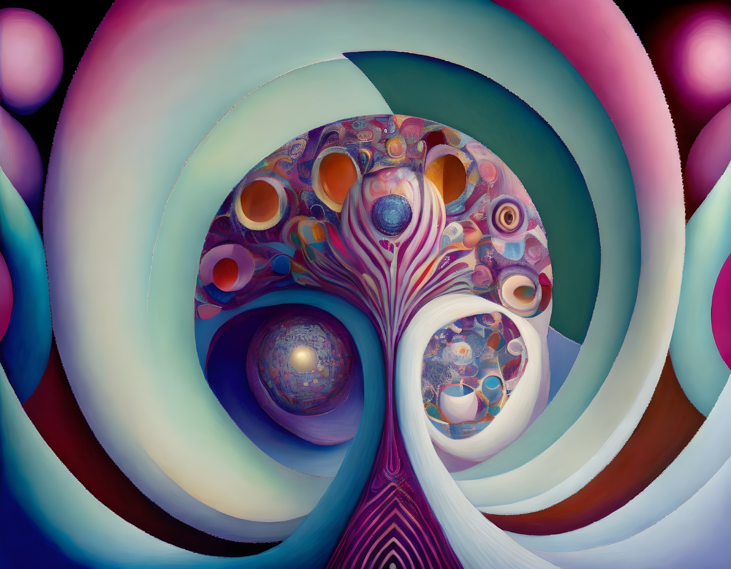Colorful surreal fractal image with tree-like center and swirling patterns