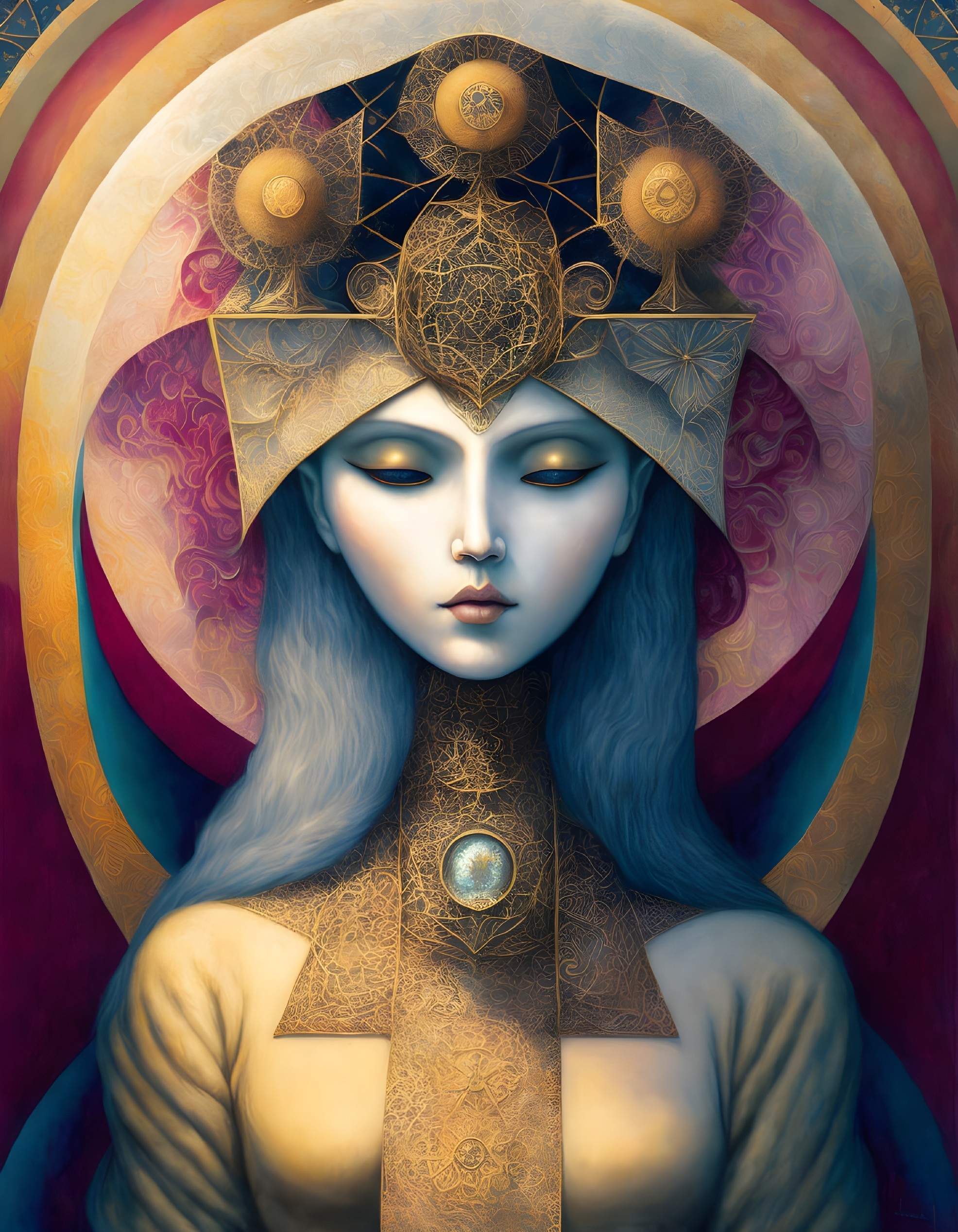 Mystical female figure with ornate golden headdress and blue skin