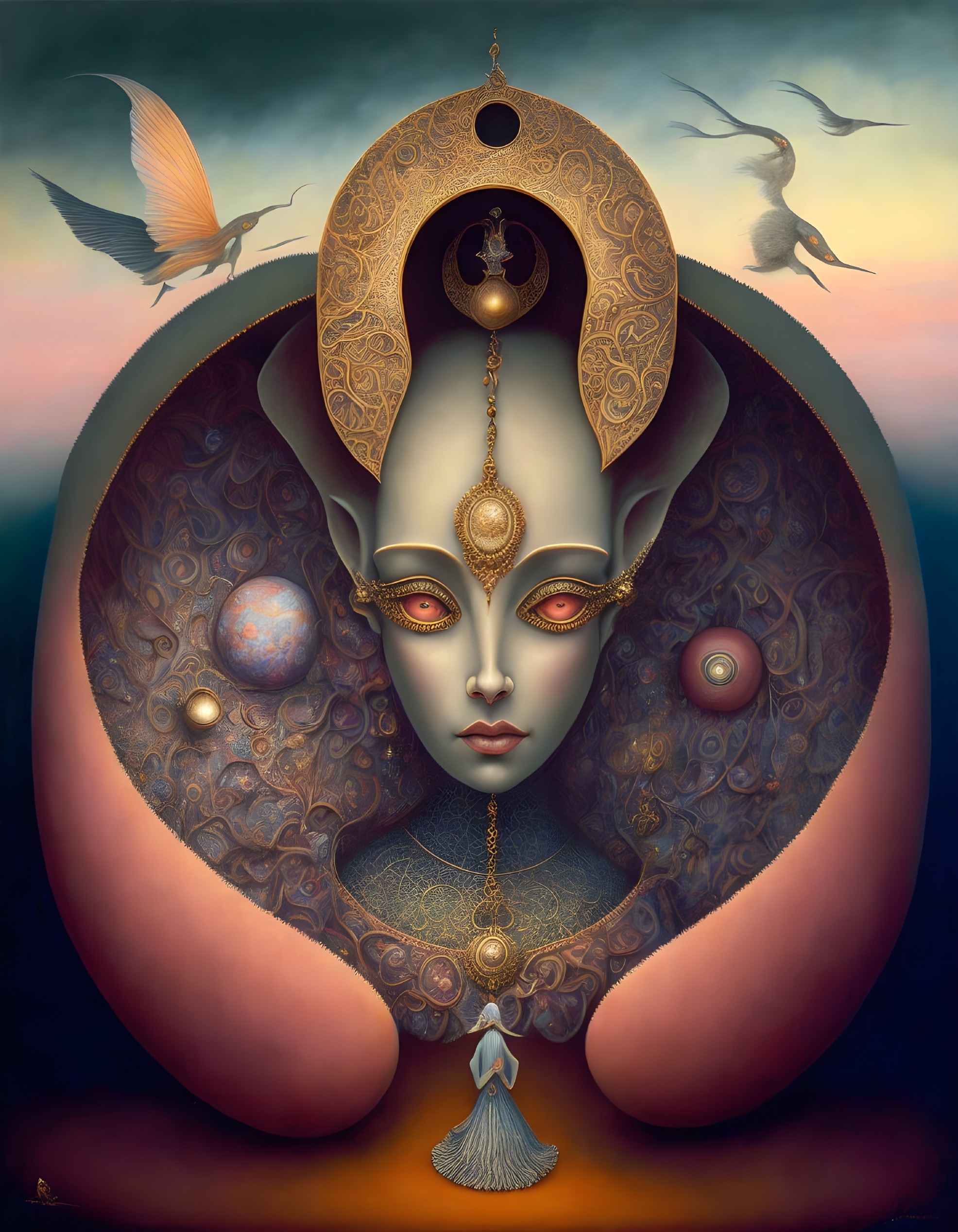 Surreal portrait with androgynous face, gold decorations, hands, birds