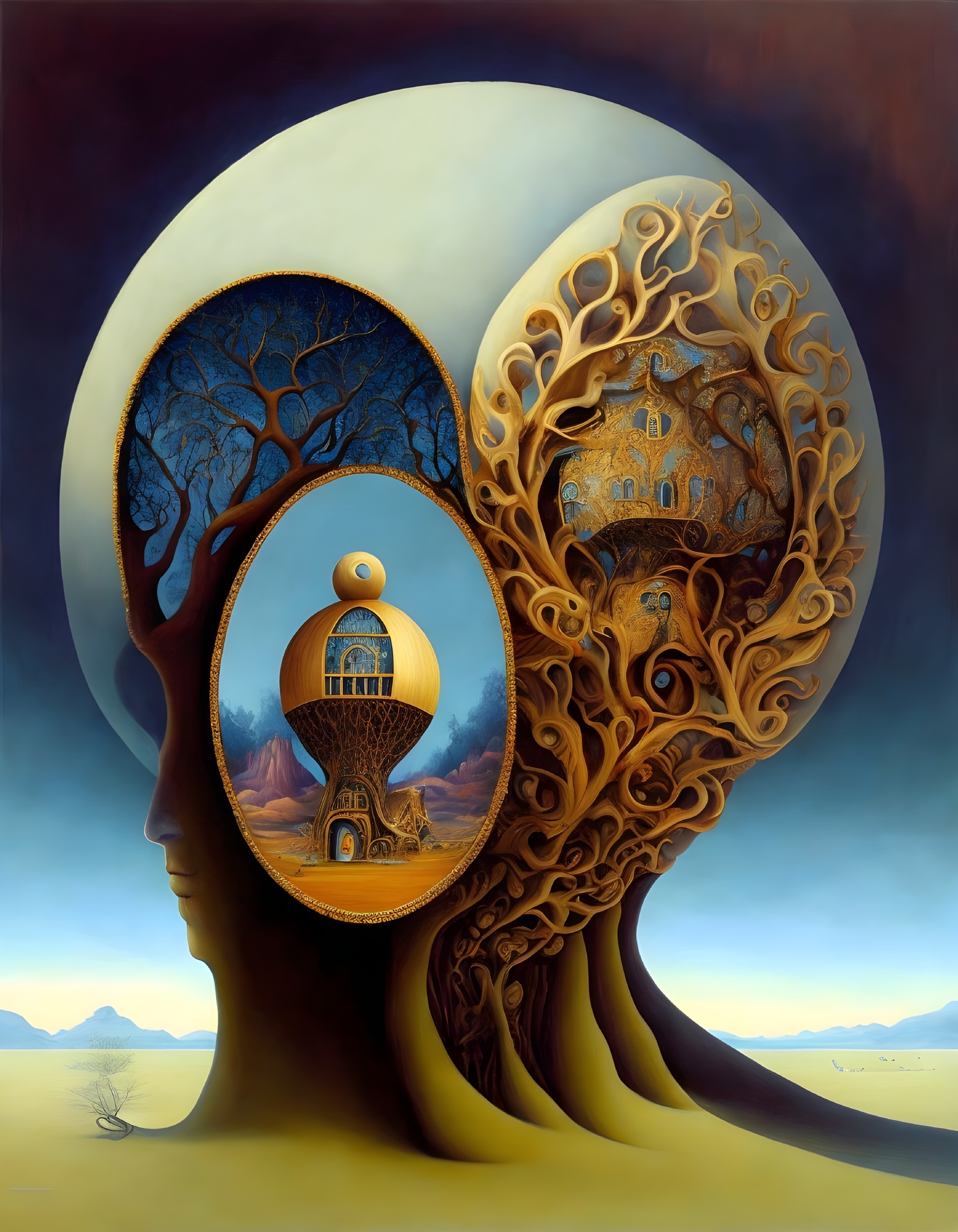 Surreal painting: Tree with egg-shaped cutout revealing castle, sunset desert landscape, human profile