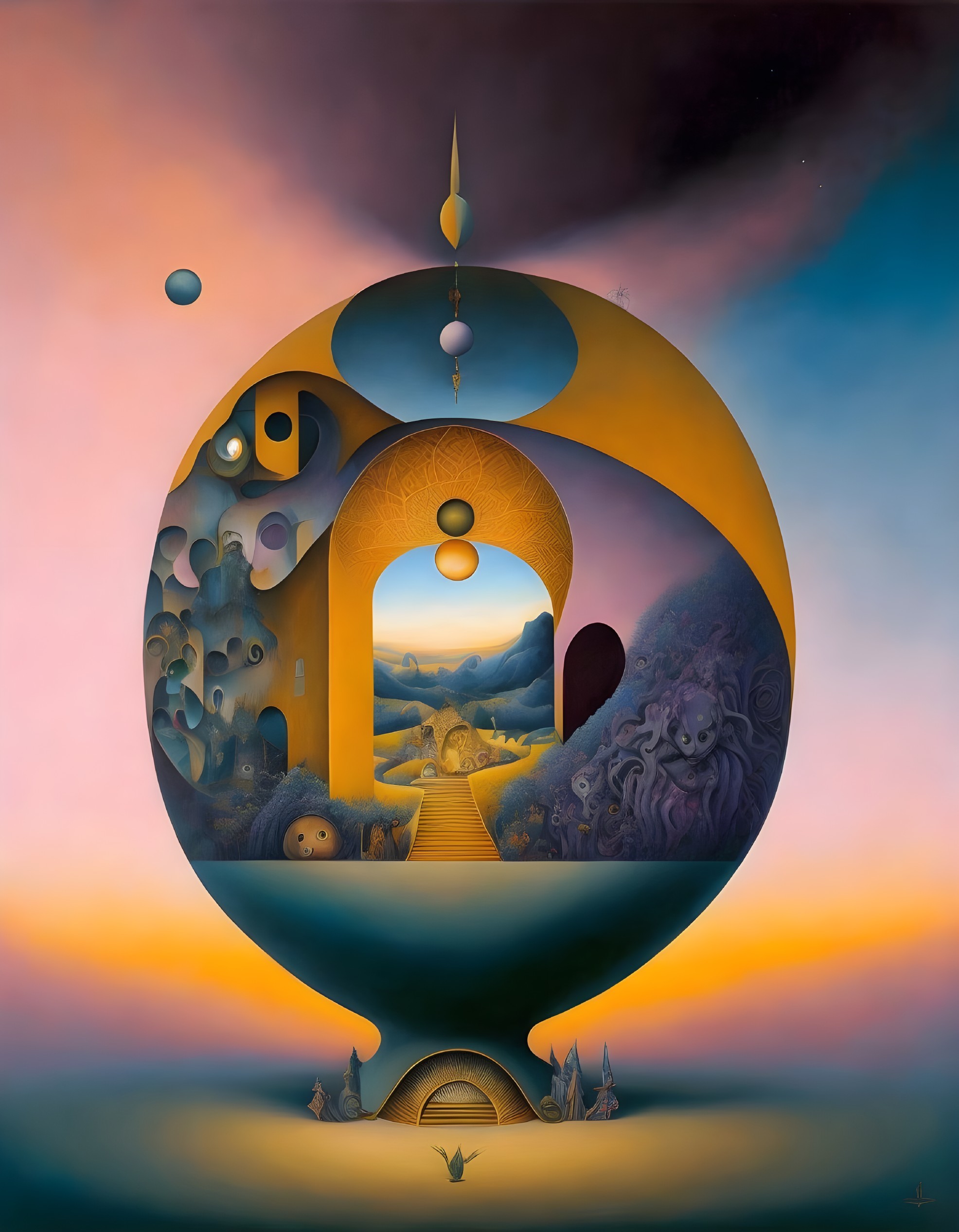 Surreal yin-yang painting with archways, spheres, and fantastical landscapes