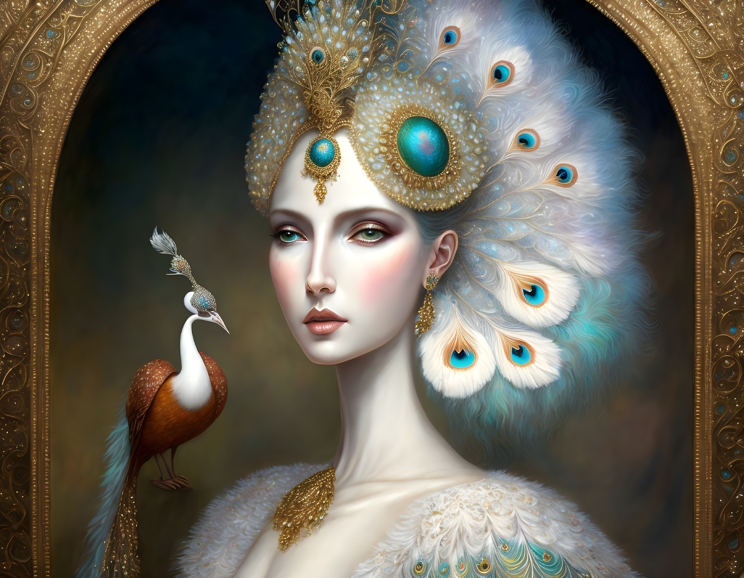 Regal woman with peacock feathers and jewels in decorative oval frame