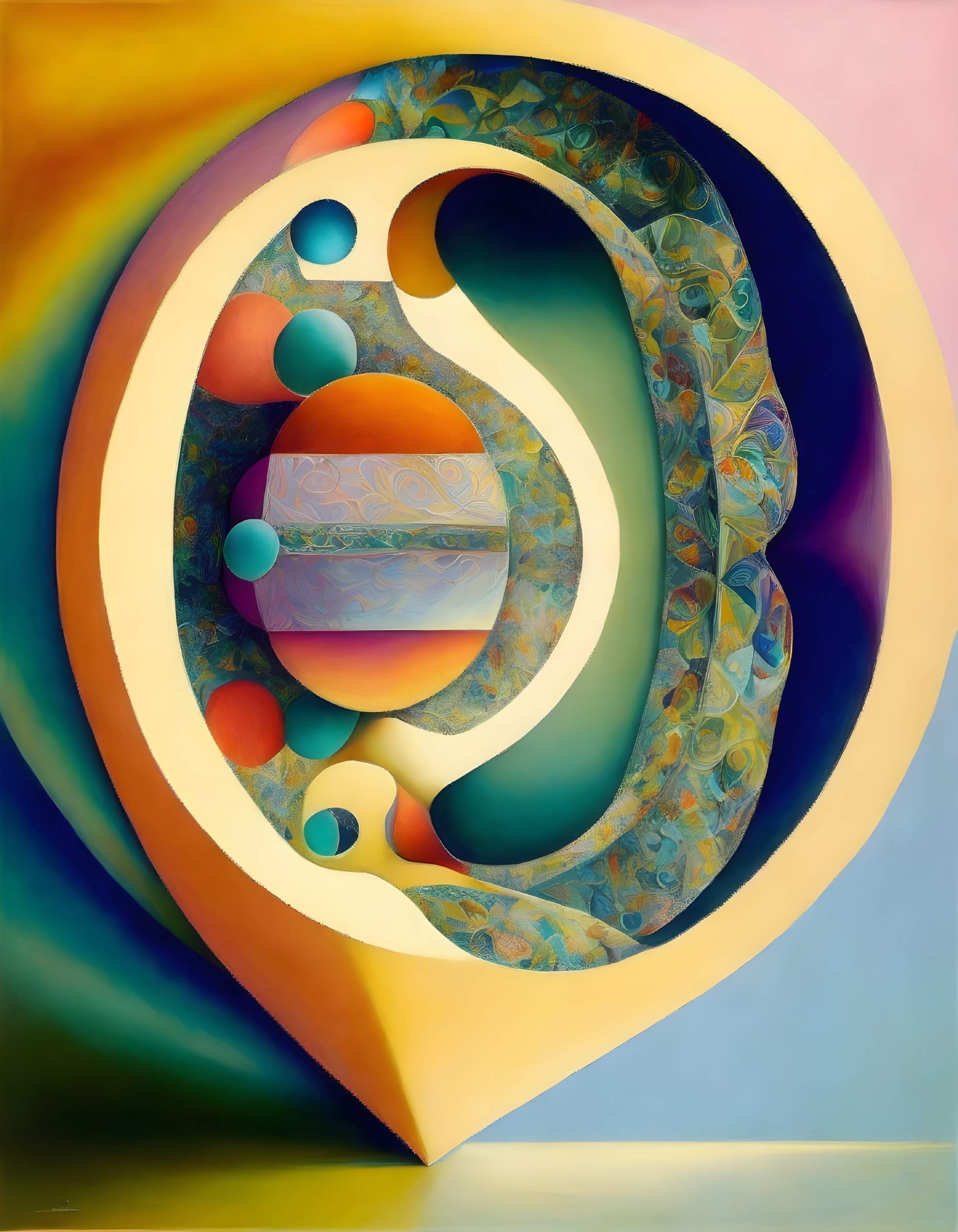 Spiral composition with ornate patterns and warm spheres on soft background