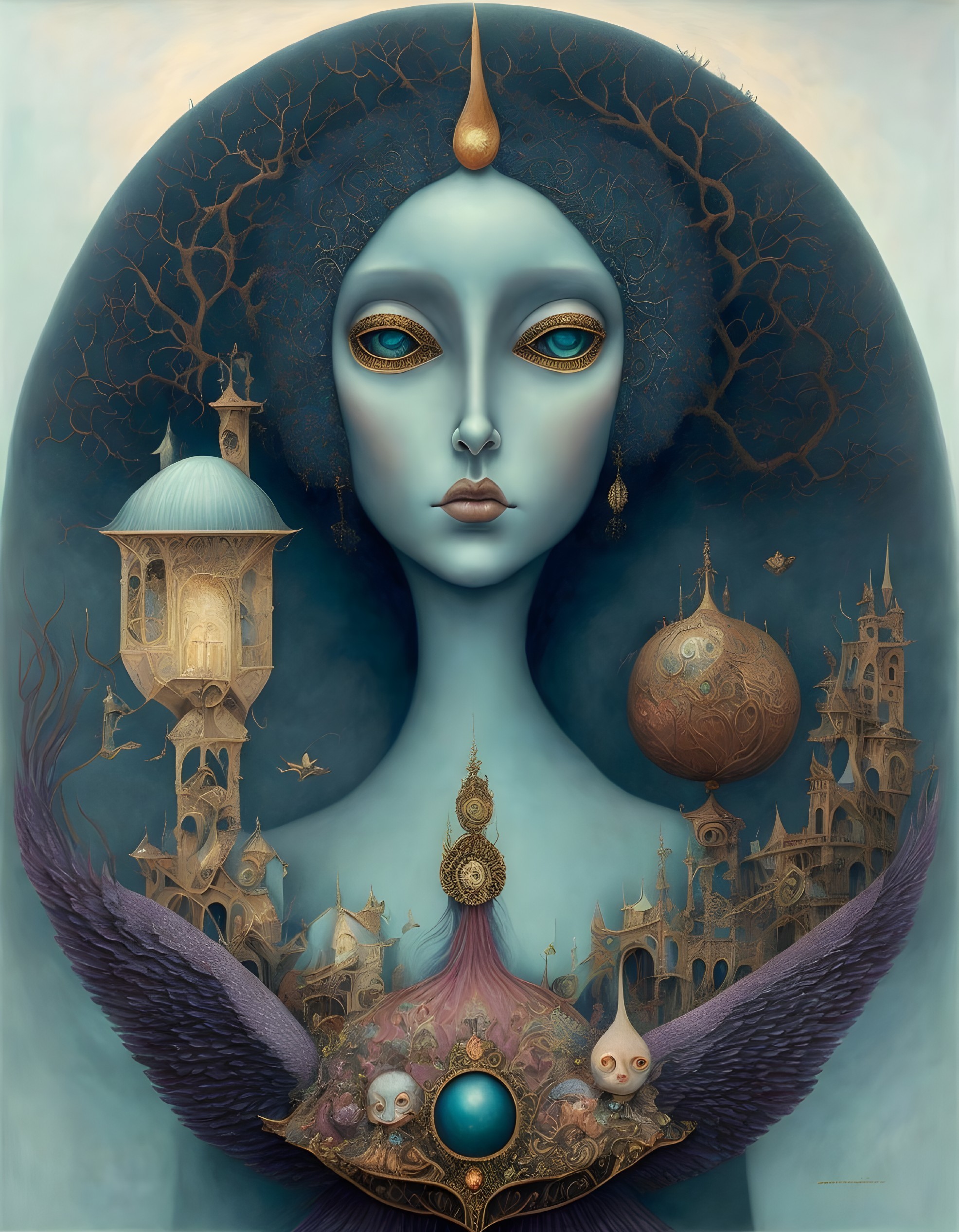 Surreal portrait of female figure with elongated head and gold crown in fantastical setting