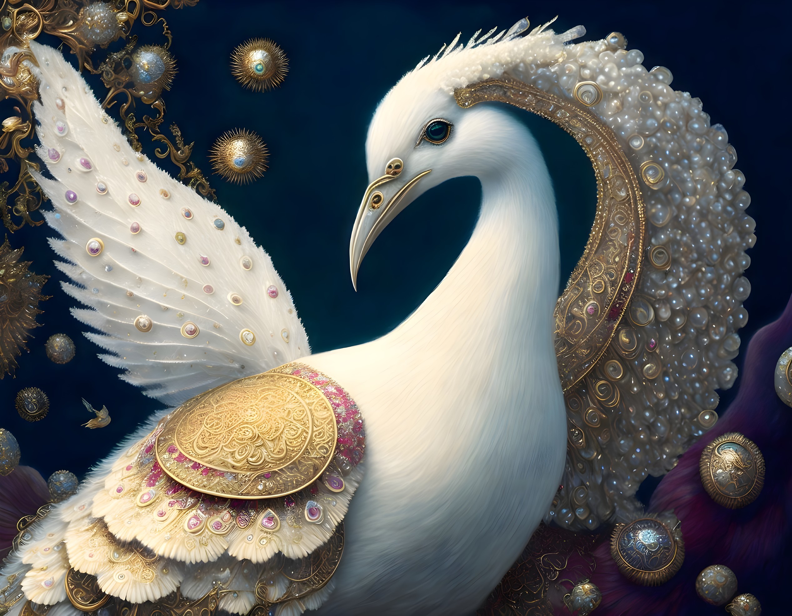 Elaborately adorned peacock with white and gold plumage on dark background