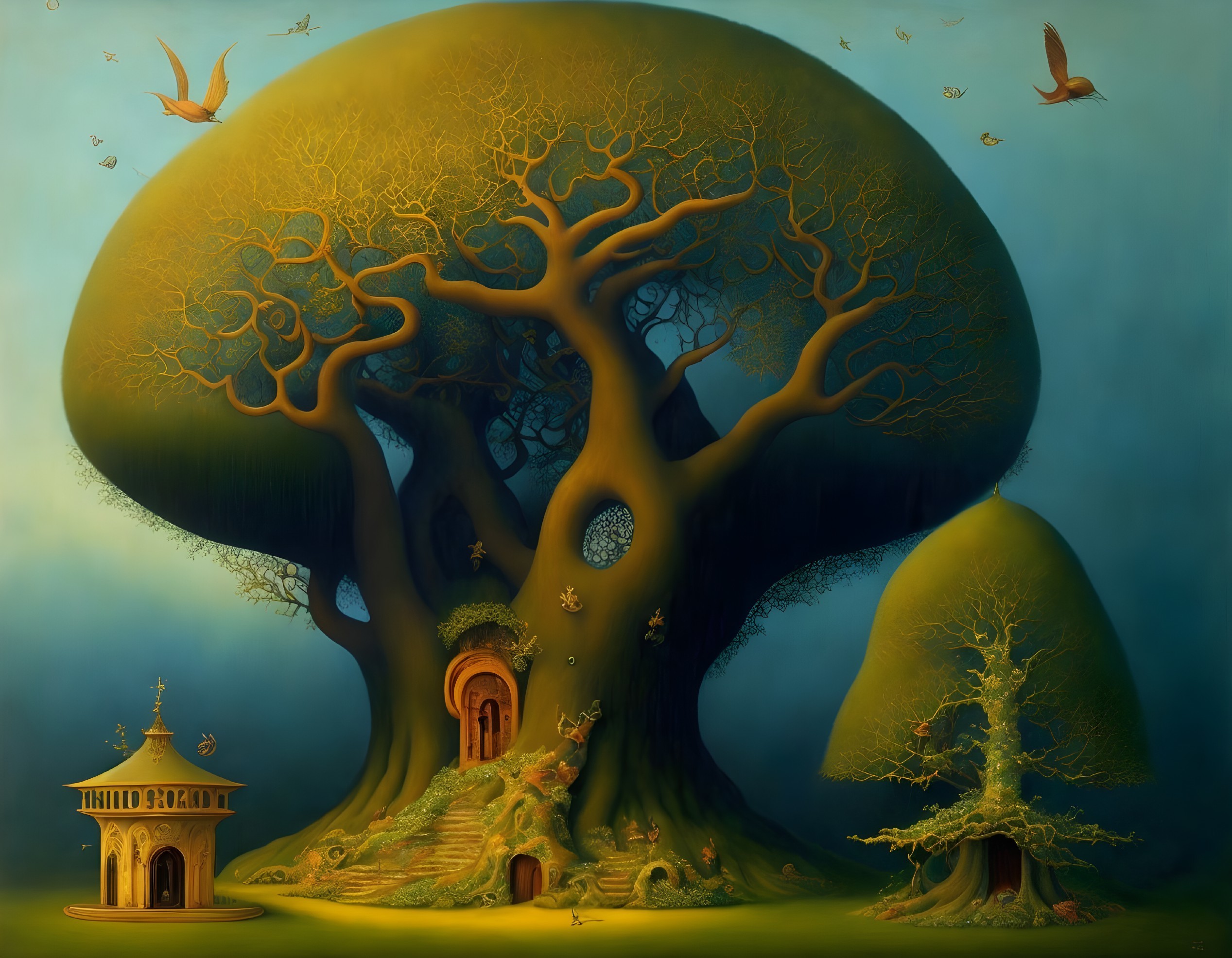Illustration of oversized magical tree with door, windows, and pagoda under serene sky