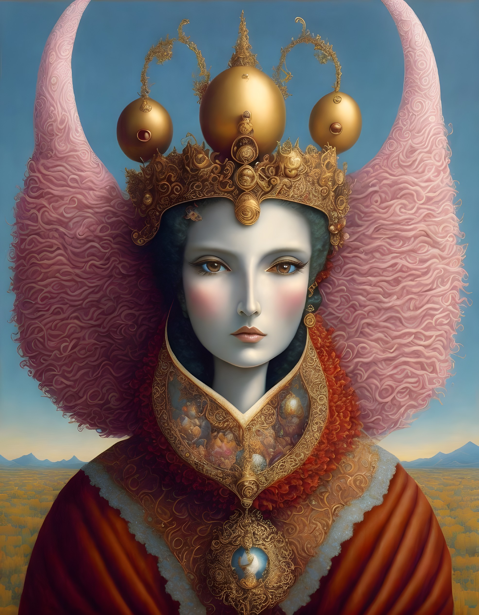 Regal figure with golden crown and red cape in surreal landscape