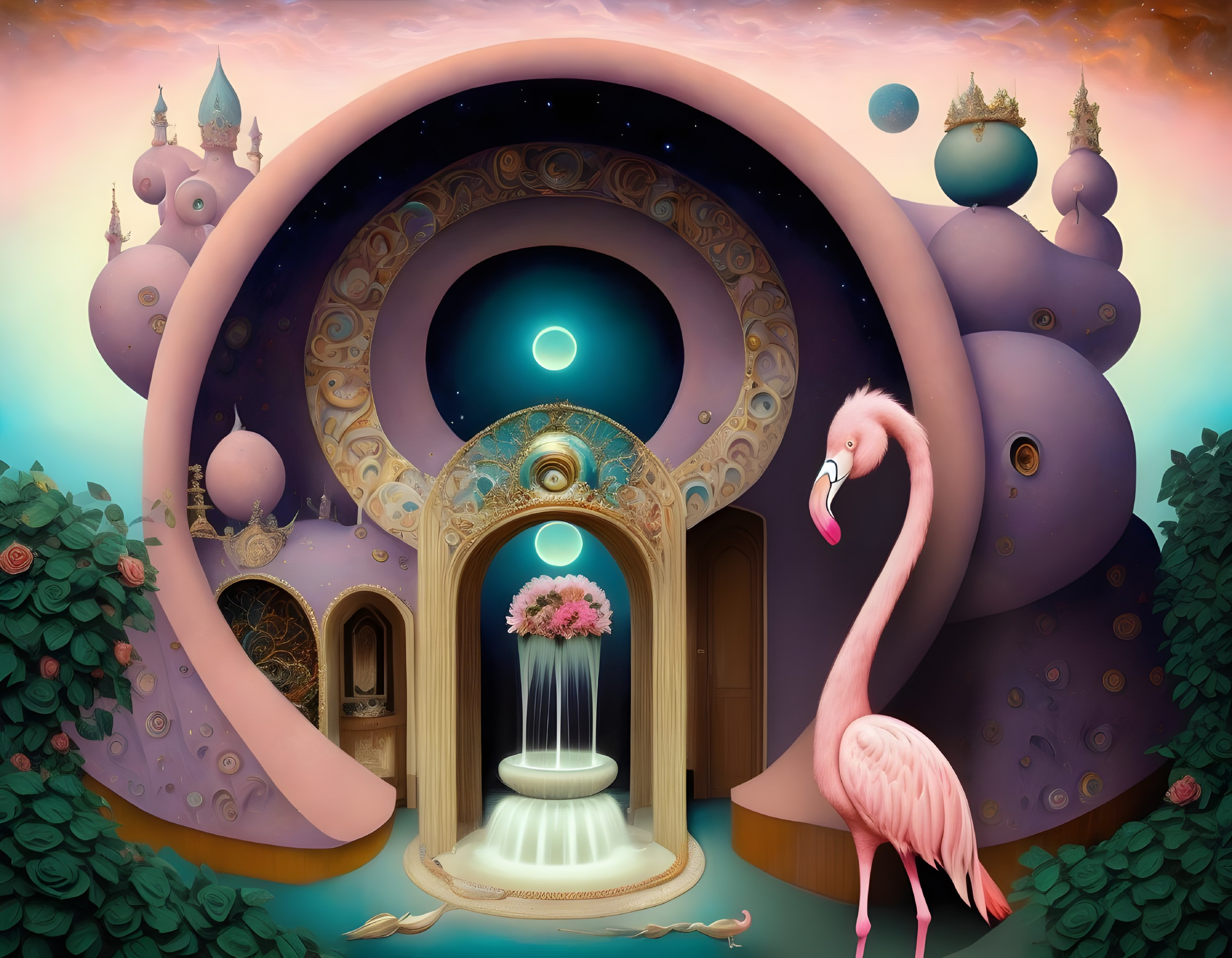 Pink flamingo and surreal doorway in whimsical digital art