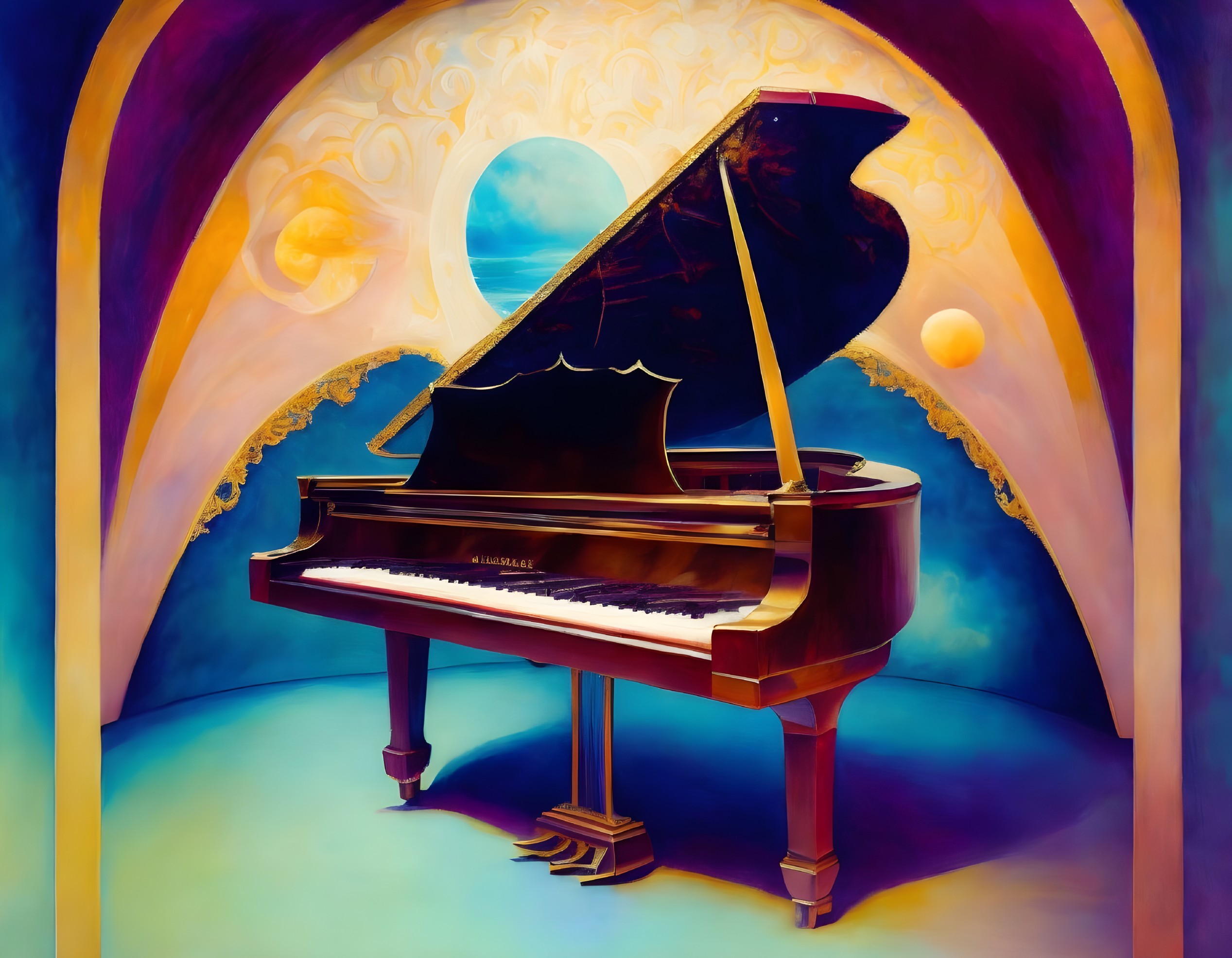 Surreal artwork: grand piano in dreamy celestial setting