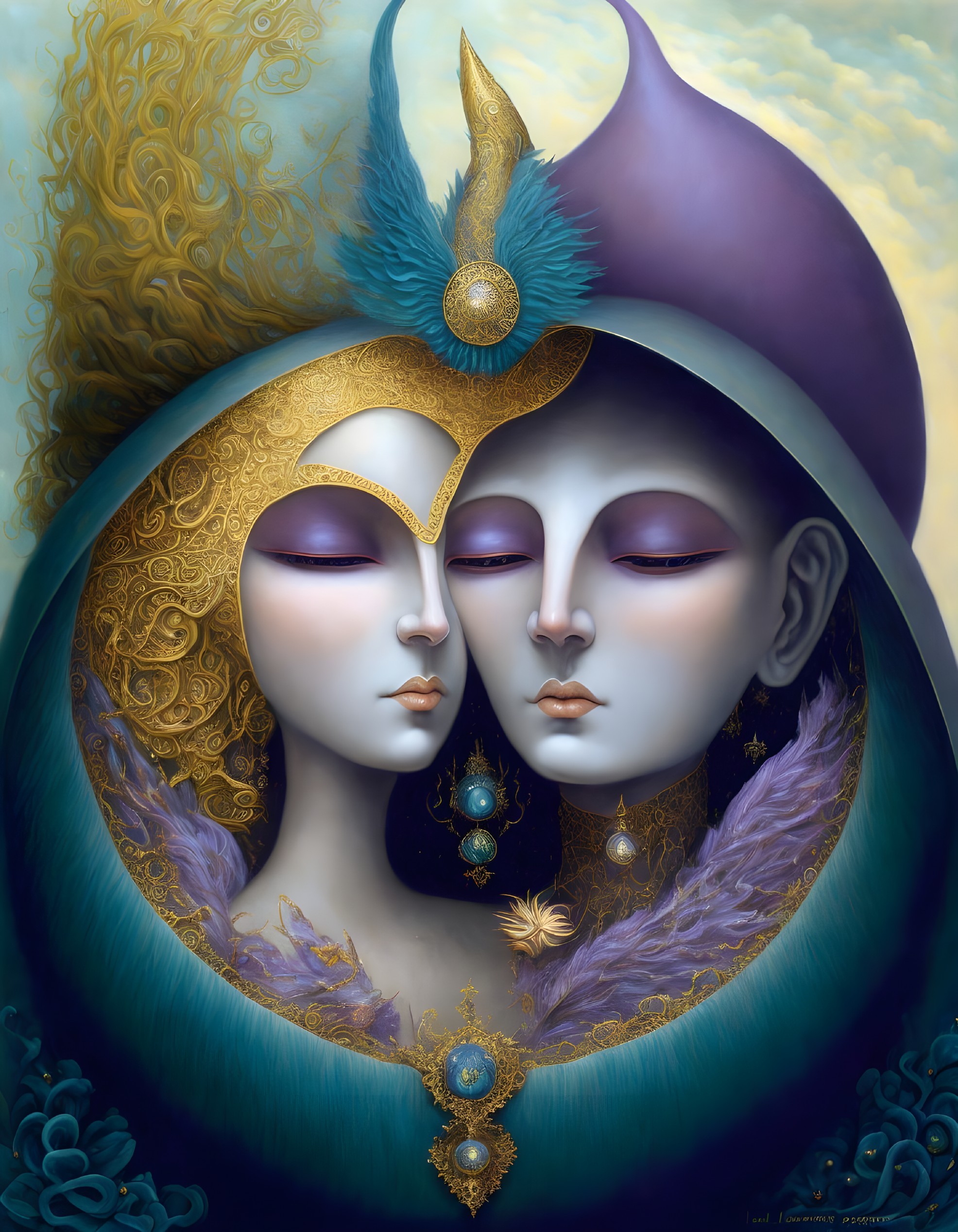 Surreal painting: Conjoined faces with masks, headpiece, and golden details