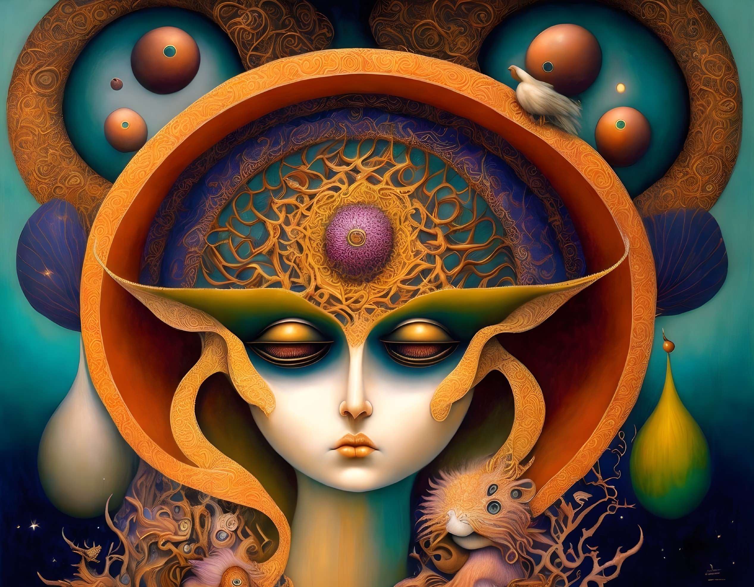 Surreal artwork: closed-eyed face, ornate headdress, planets, creatures