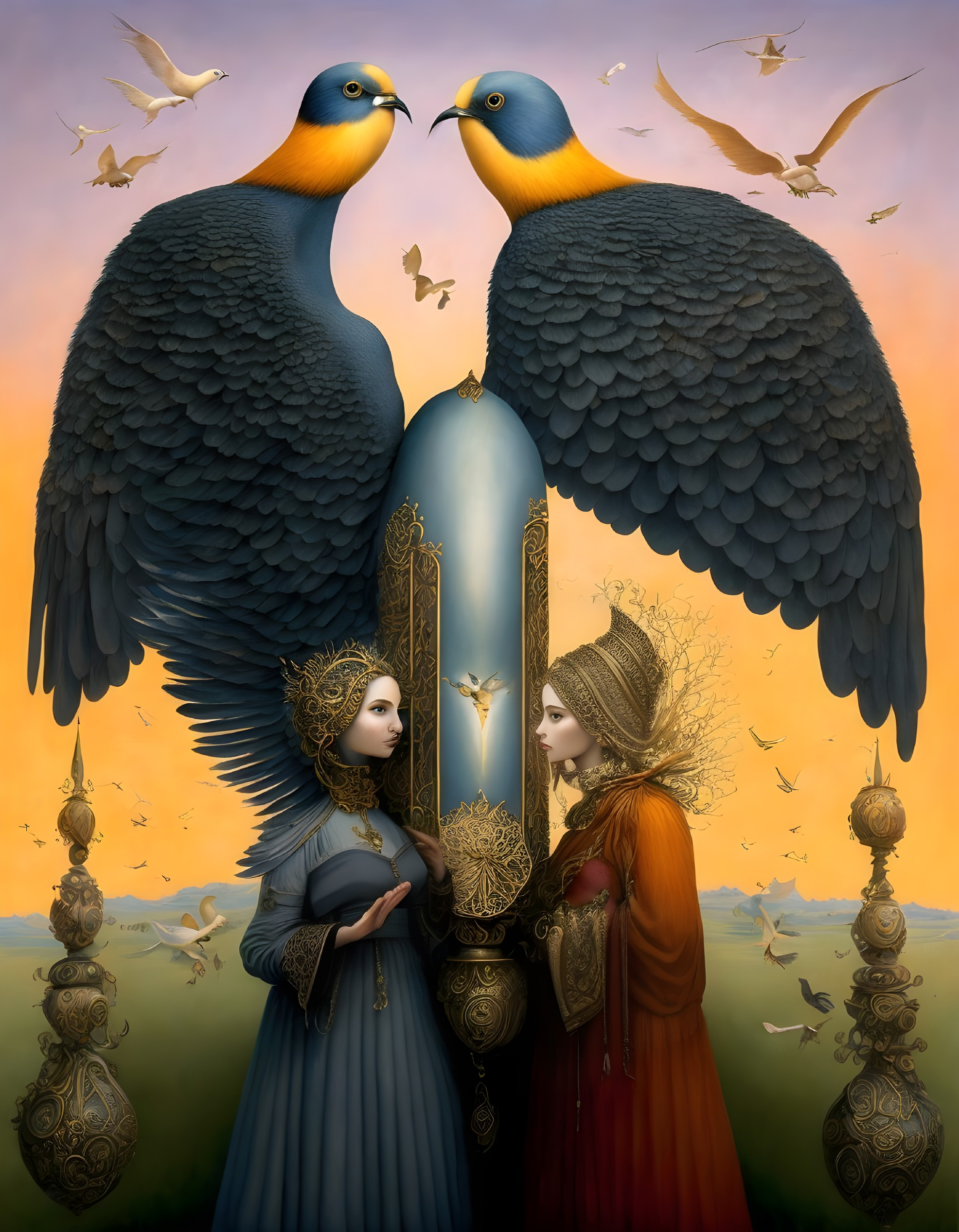 Women with ornate headpieces merge into blue birds in sunset scene.
