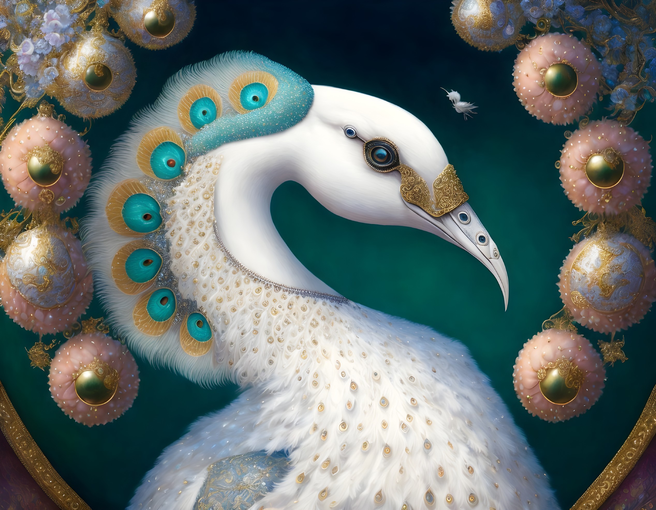 Vivid surreal peacock illustration with ornate plumage on teal backdrop