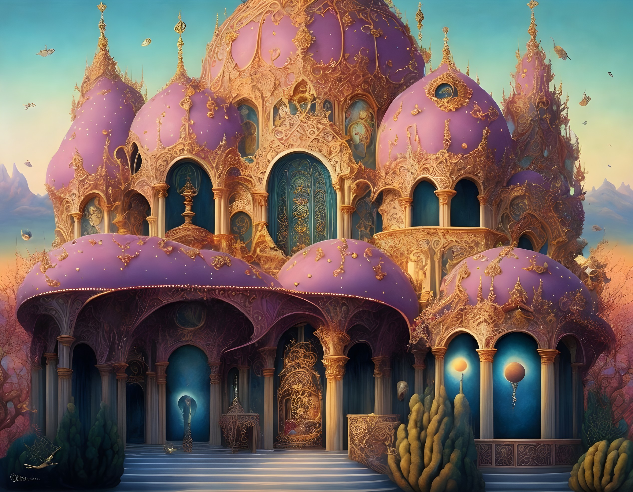 Ornate fantasy palace with pink and gold domes in magical dusk landscape