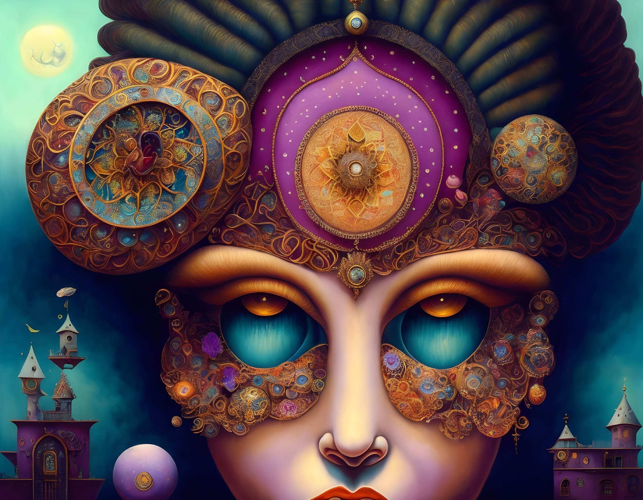 Colorful surreal artwork: intricate mechanical face with whimsical fantasy landscape.