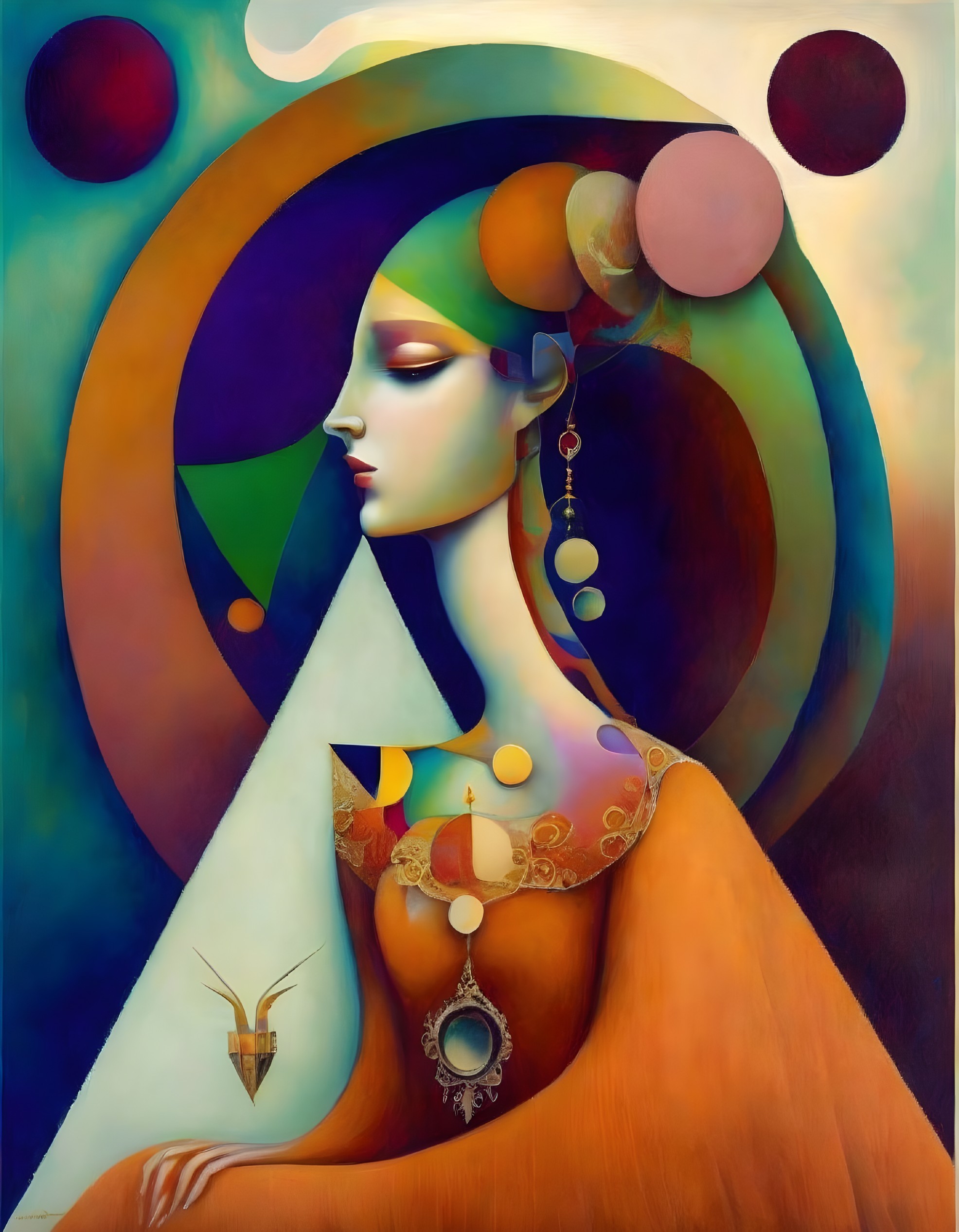 Colorful surrealistic portrait with elongated features and geometric shapes