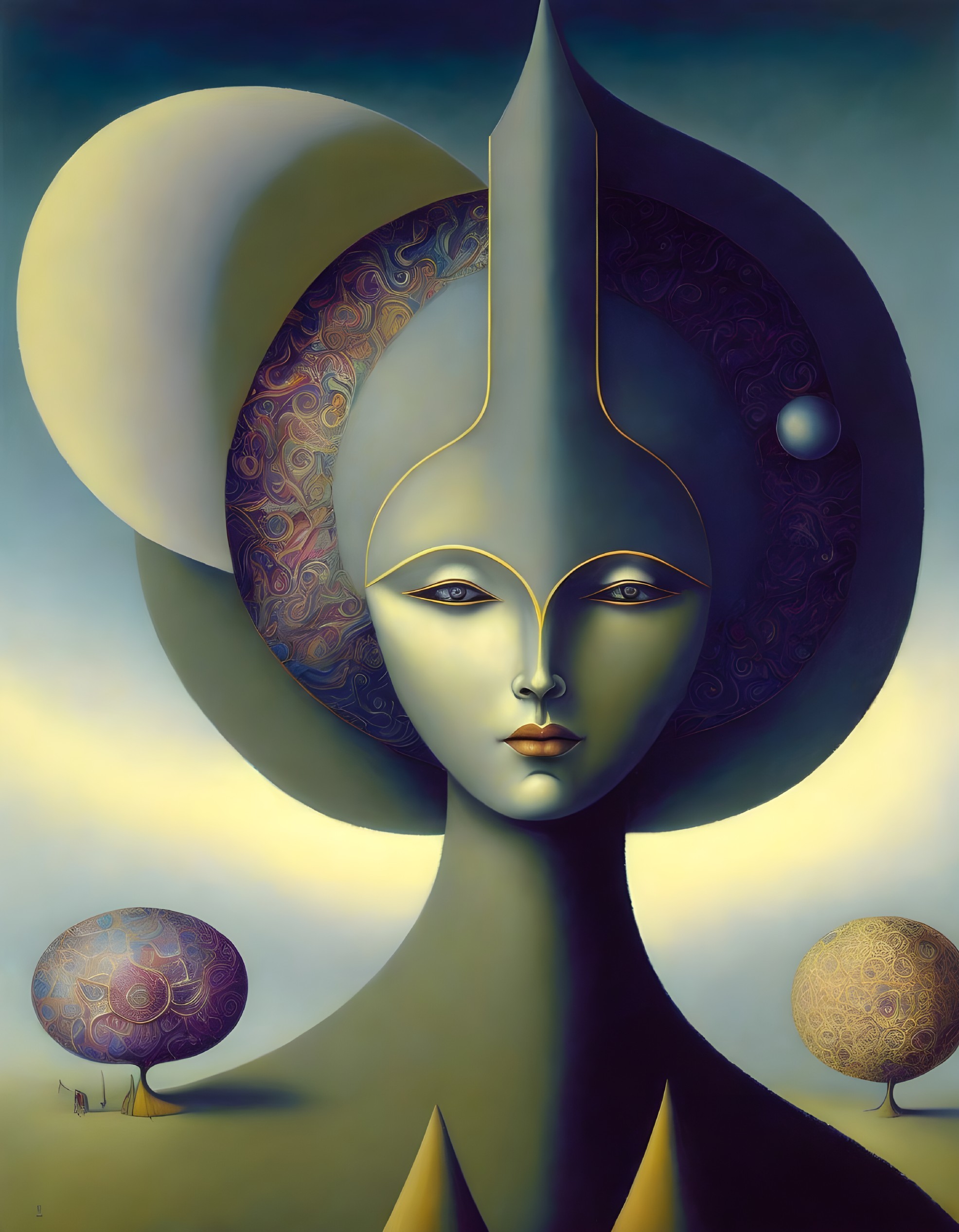 Elongated figure with halo headpiece in surreal landscape