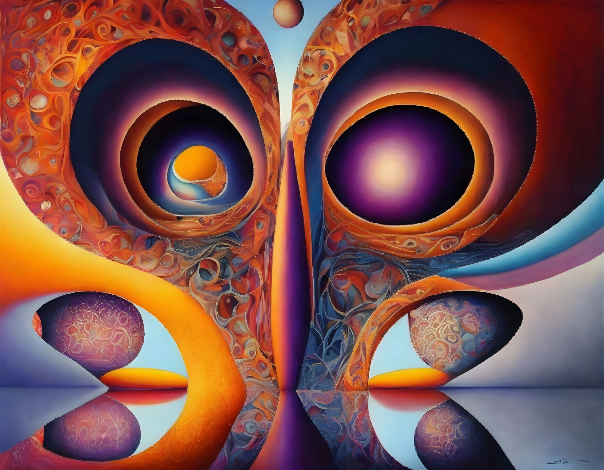 Abstract Painting: Warm Colors, Swirling Patterns, Eye-like Shapes