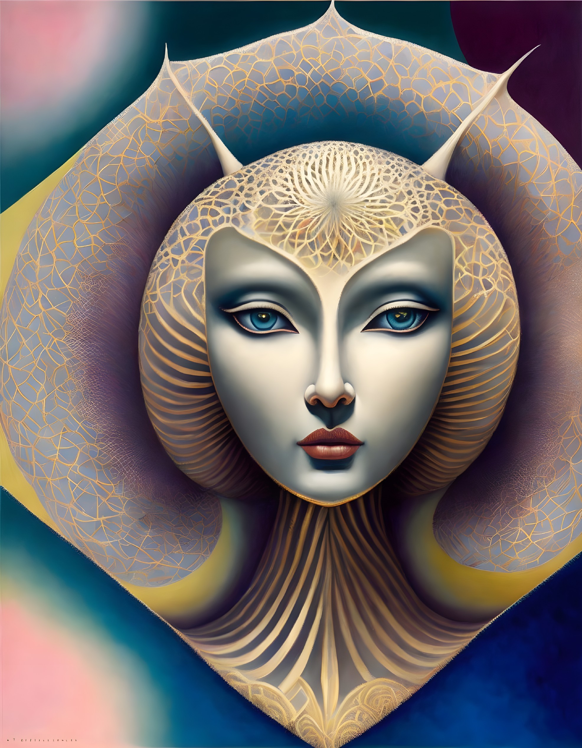 Stylized surreal portrait of a woman with blue eyes and horns