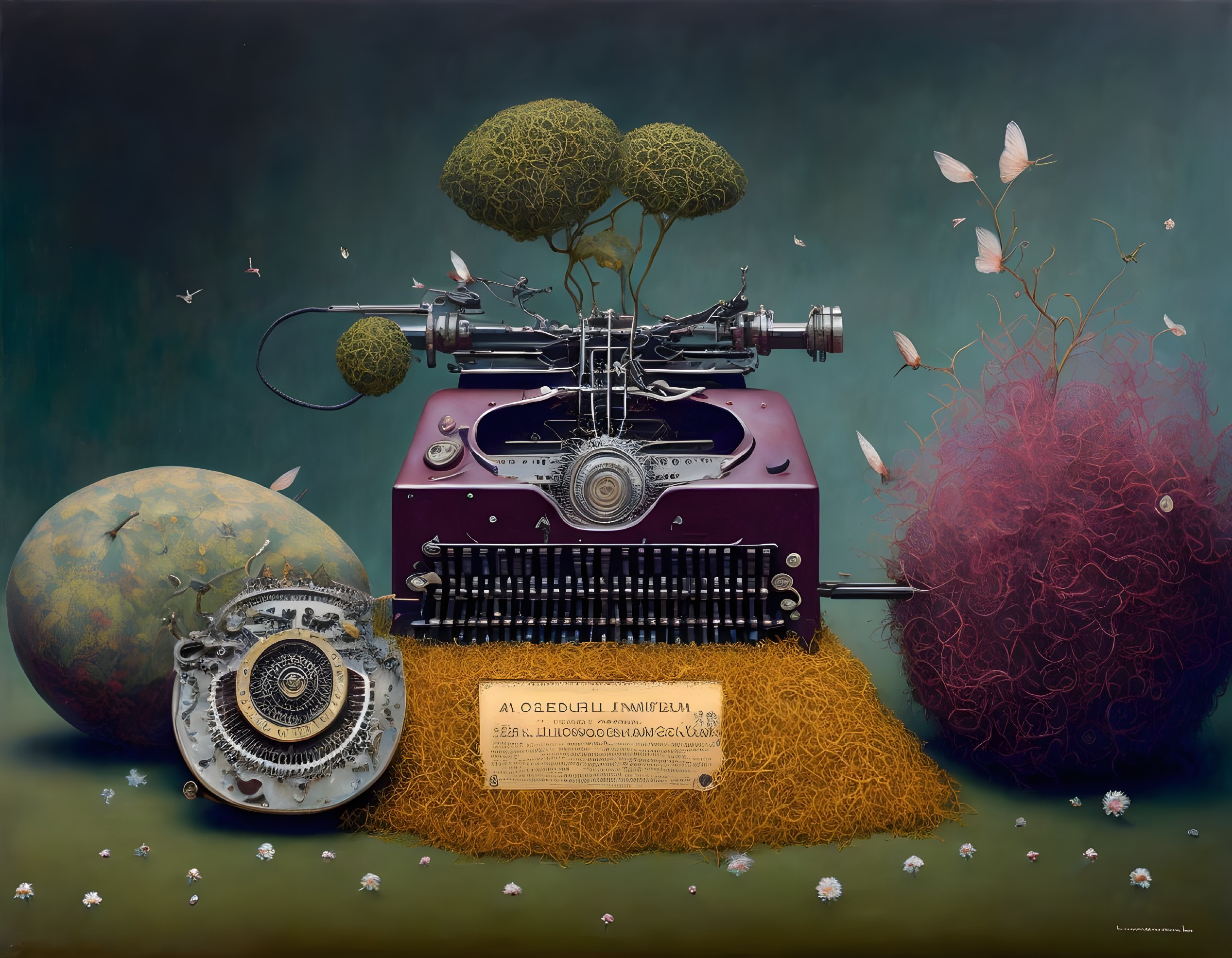 Surreal vintage typewriter with tree branches, gears, butterflies, and flora on green background