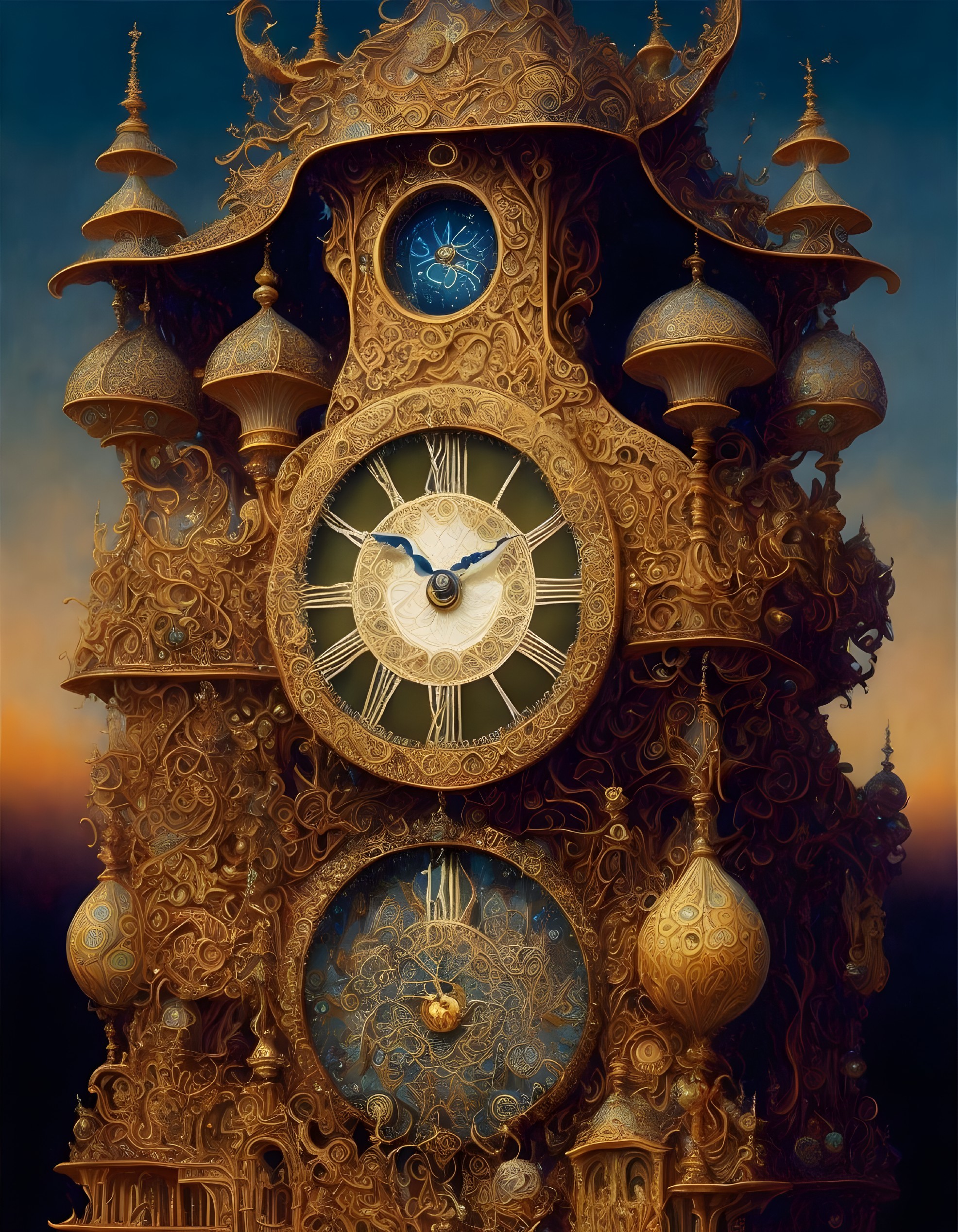 Fantastical clock tower with gold details and multiple faces