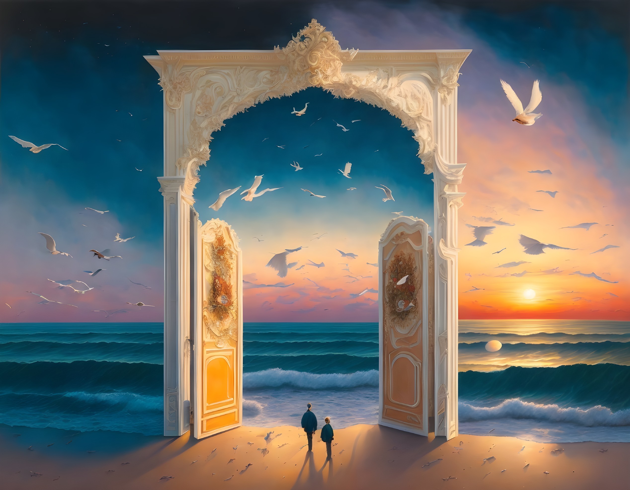 Ornate open doorway on beach at sunset with silhouettes and seagulls