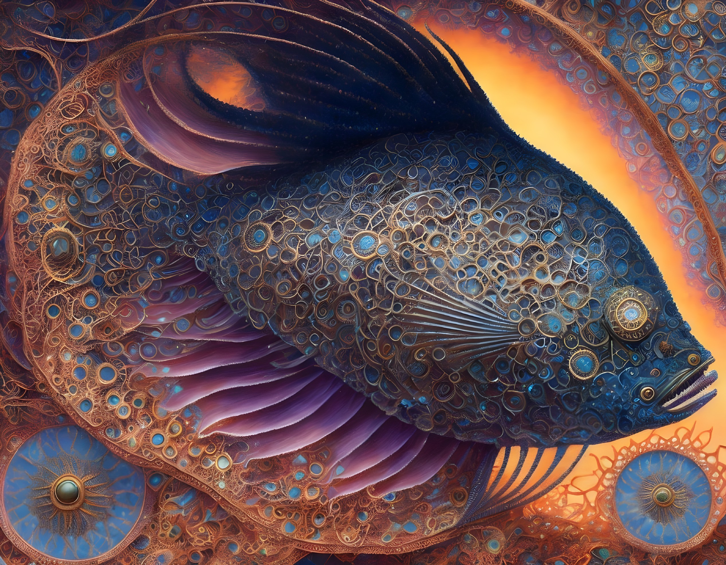 Surreal steampunk fish with metallic patterns on orange-blue backdrop