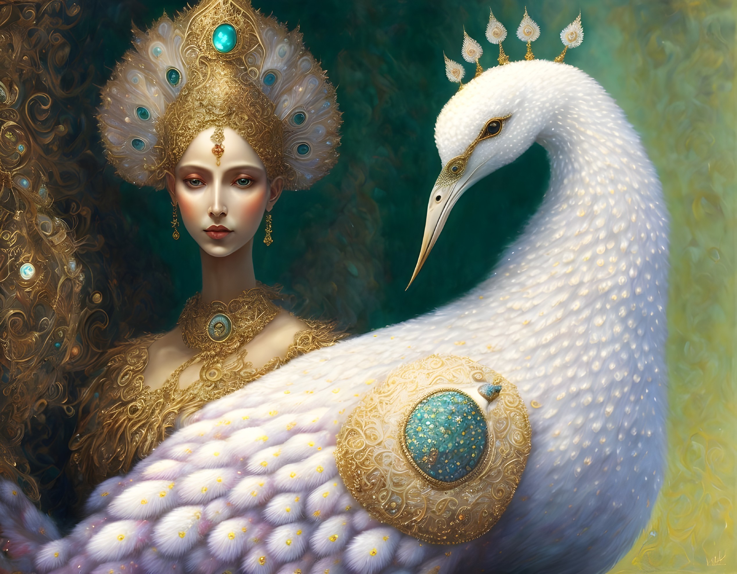 Fantasy artwork: Woman with peacock motif and golden crown