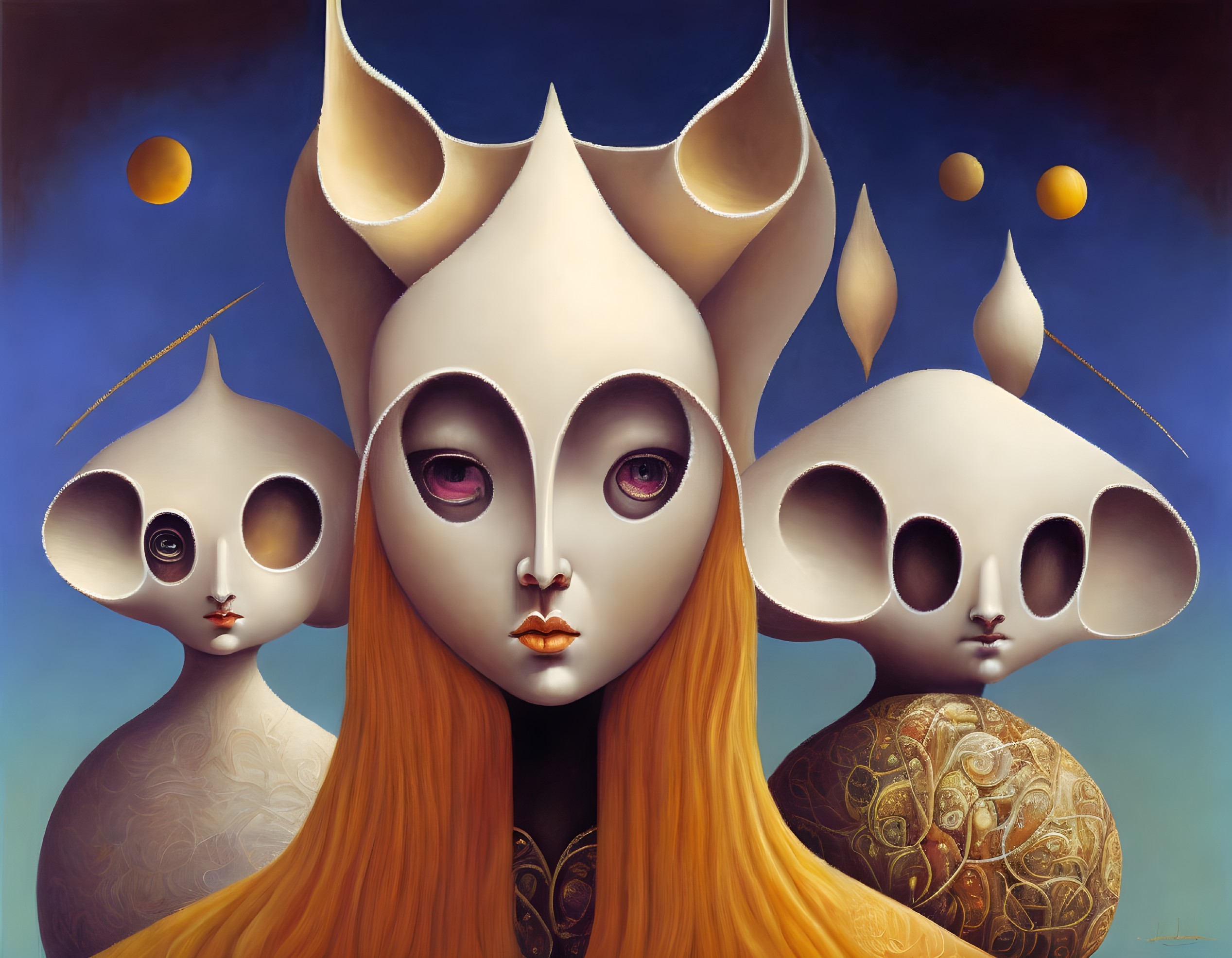 Stylized figures with elongated faces and crowns on blue gradient background