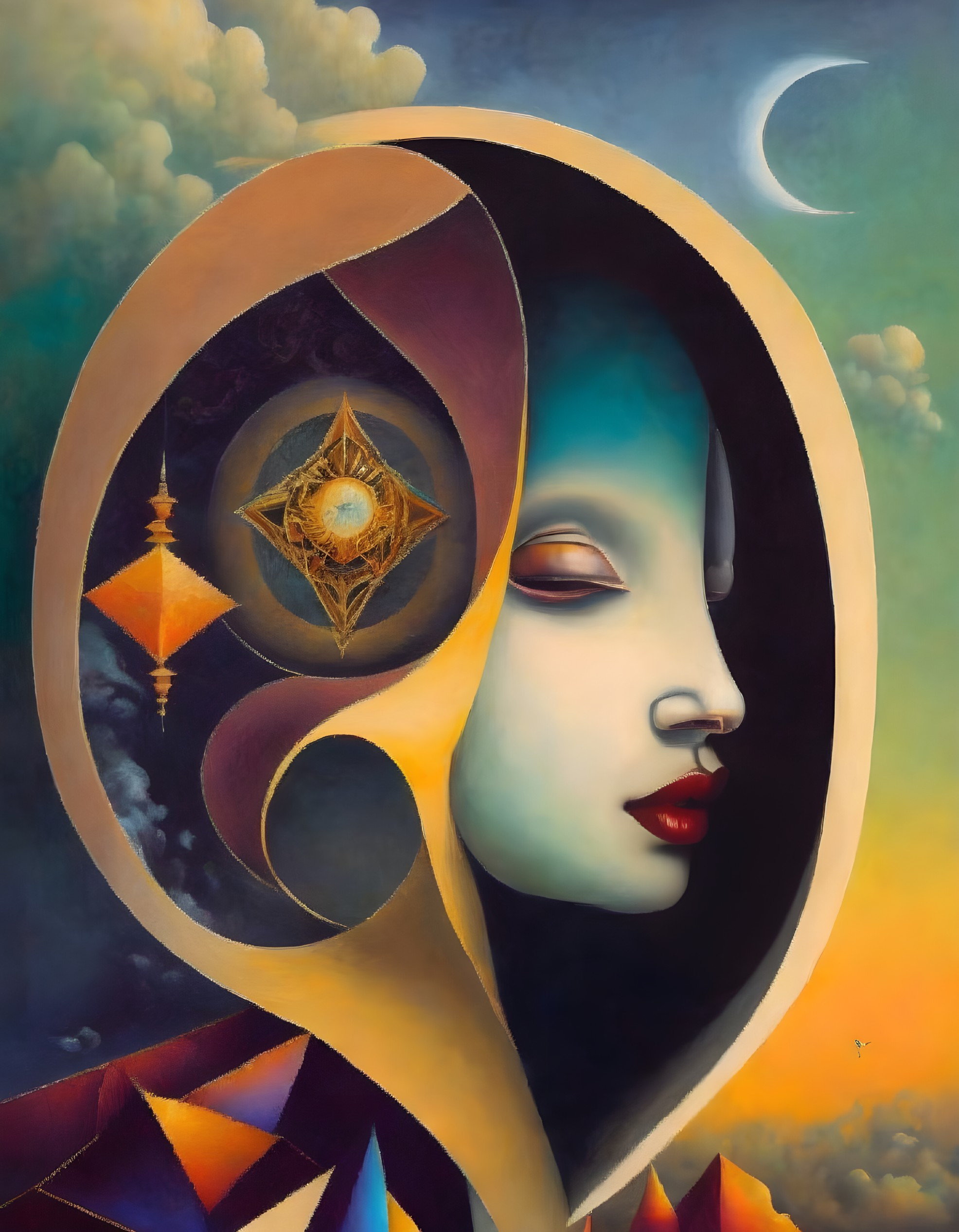 Colorful surreal portrait with cosmic and geometric elements
