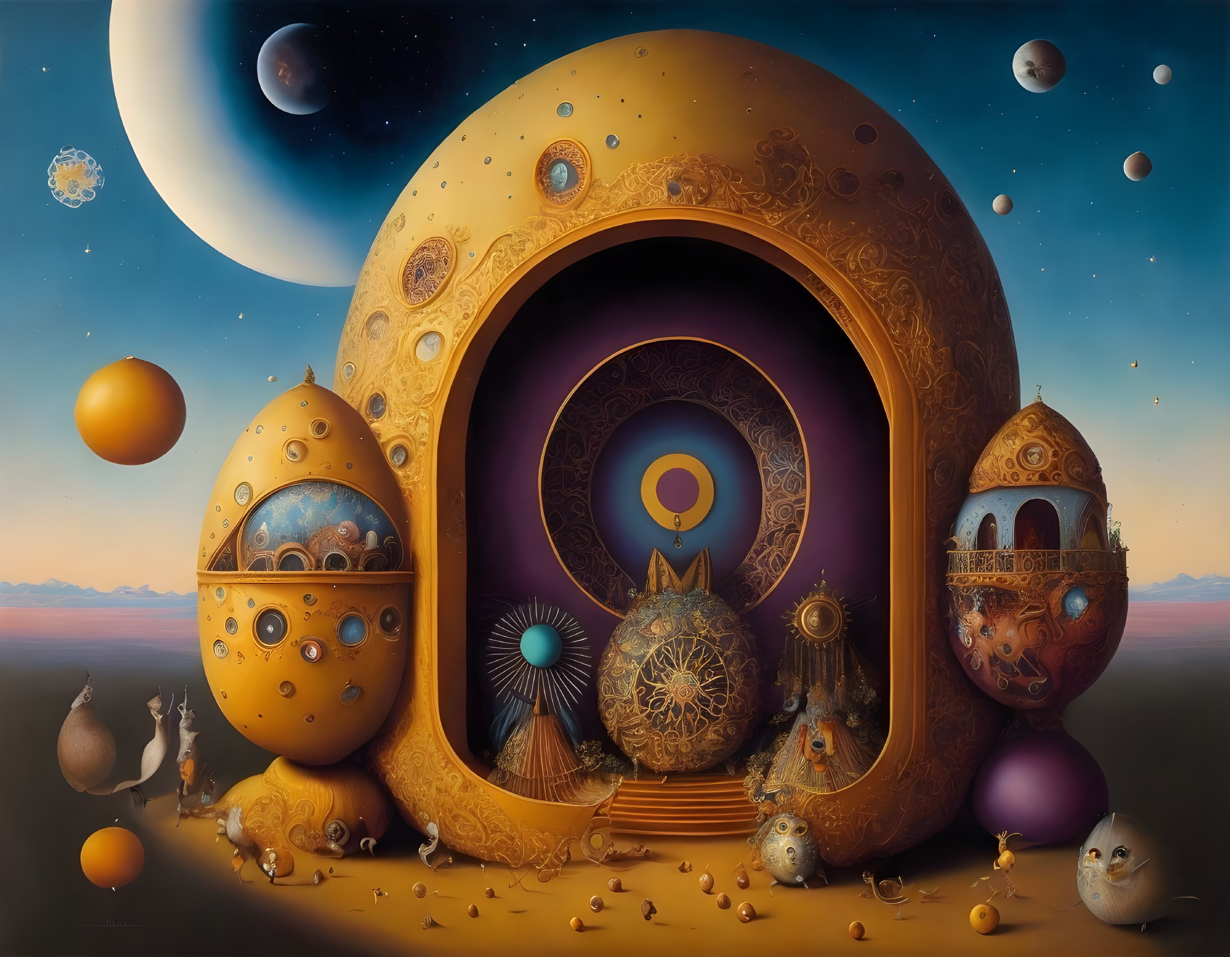 Surreal cosmic landscape with egg-like structures and anthropomorphic figures