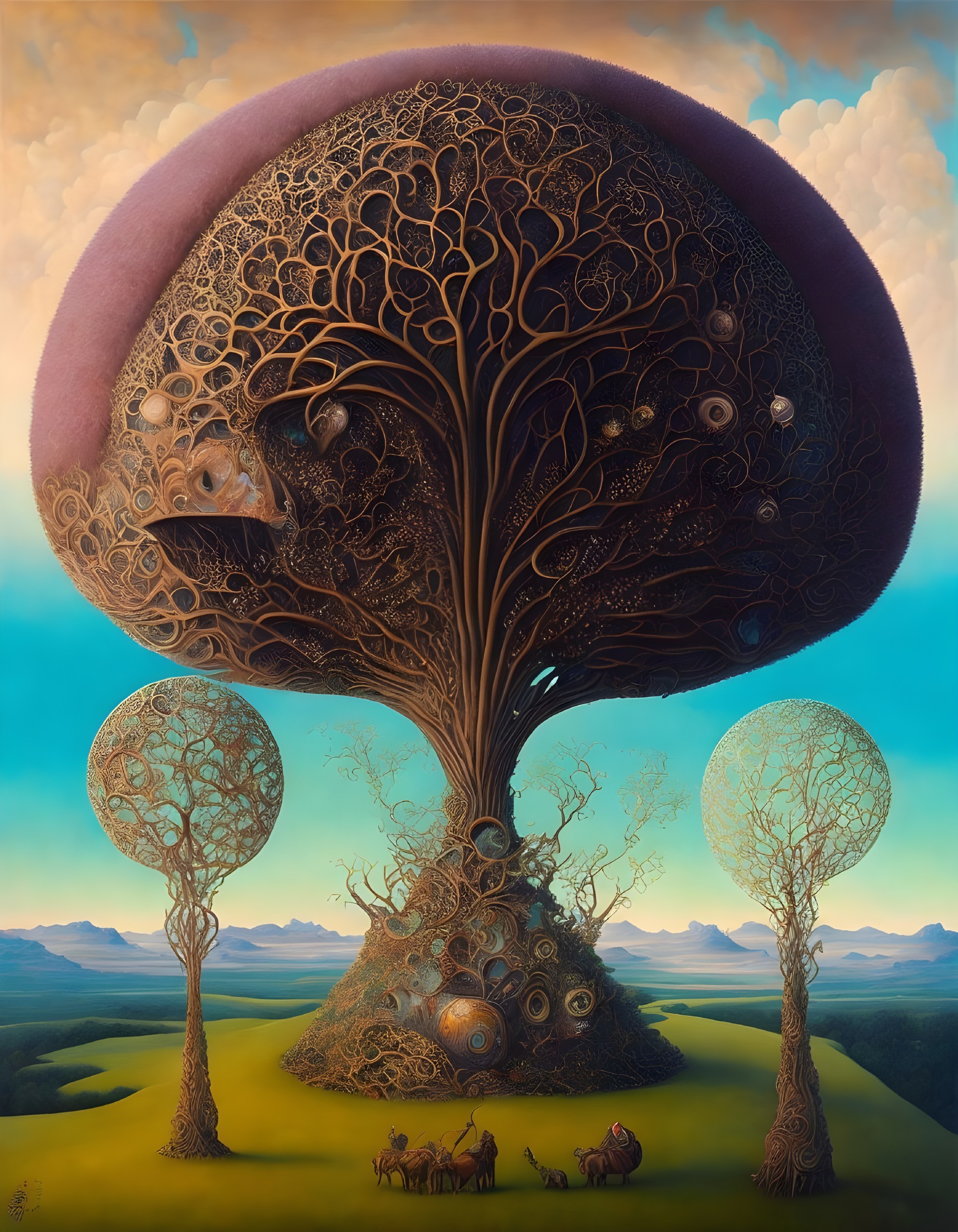Surreal painting of intricate tree branches in pastoral landscape