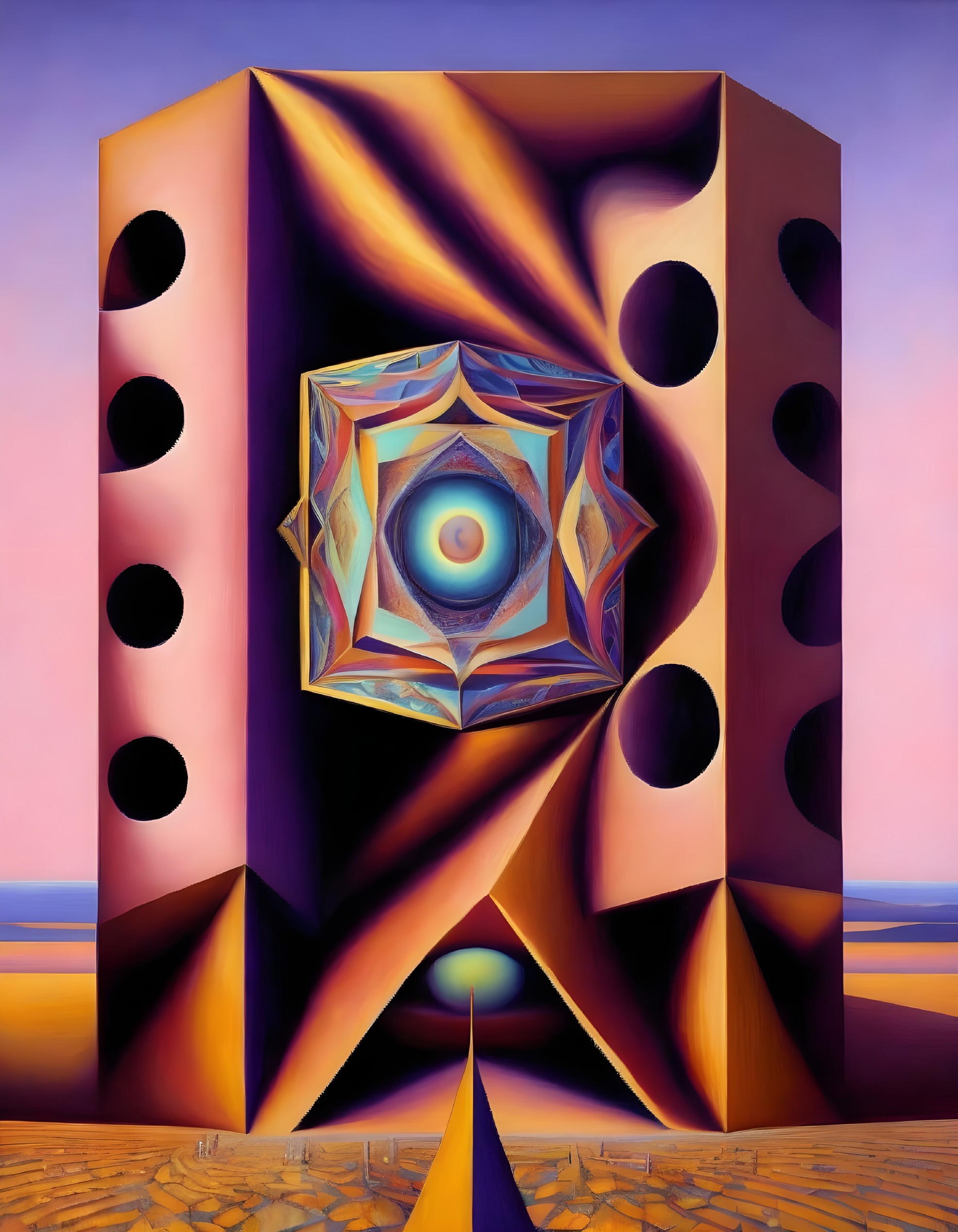 Geometric eye in surreal desert landscape with domino structure