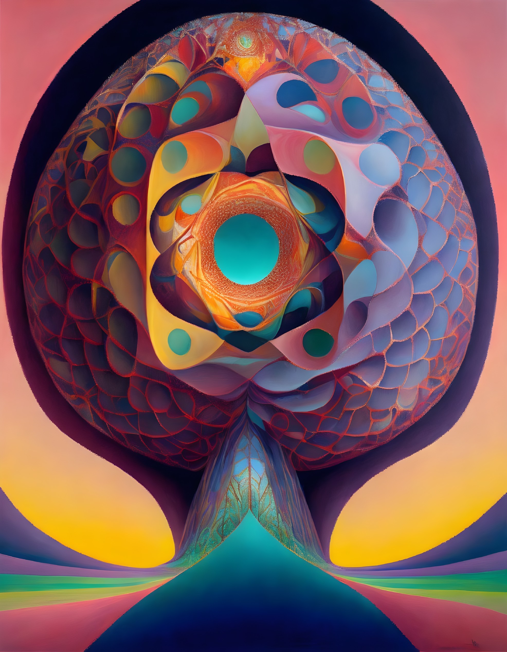 Symmetrical Abstract Painting with Eye-like Form and Bubble Patterns
